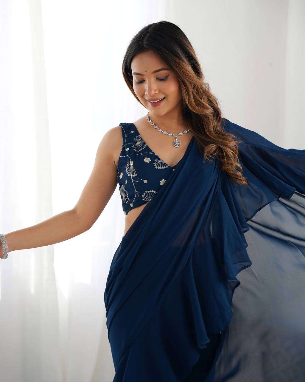 Women's Pure Romansilk Chanderi Embroidered Crop Top With Ruffled Sharara & Draped Dupatta Set
