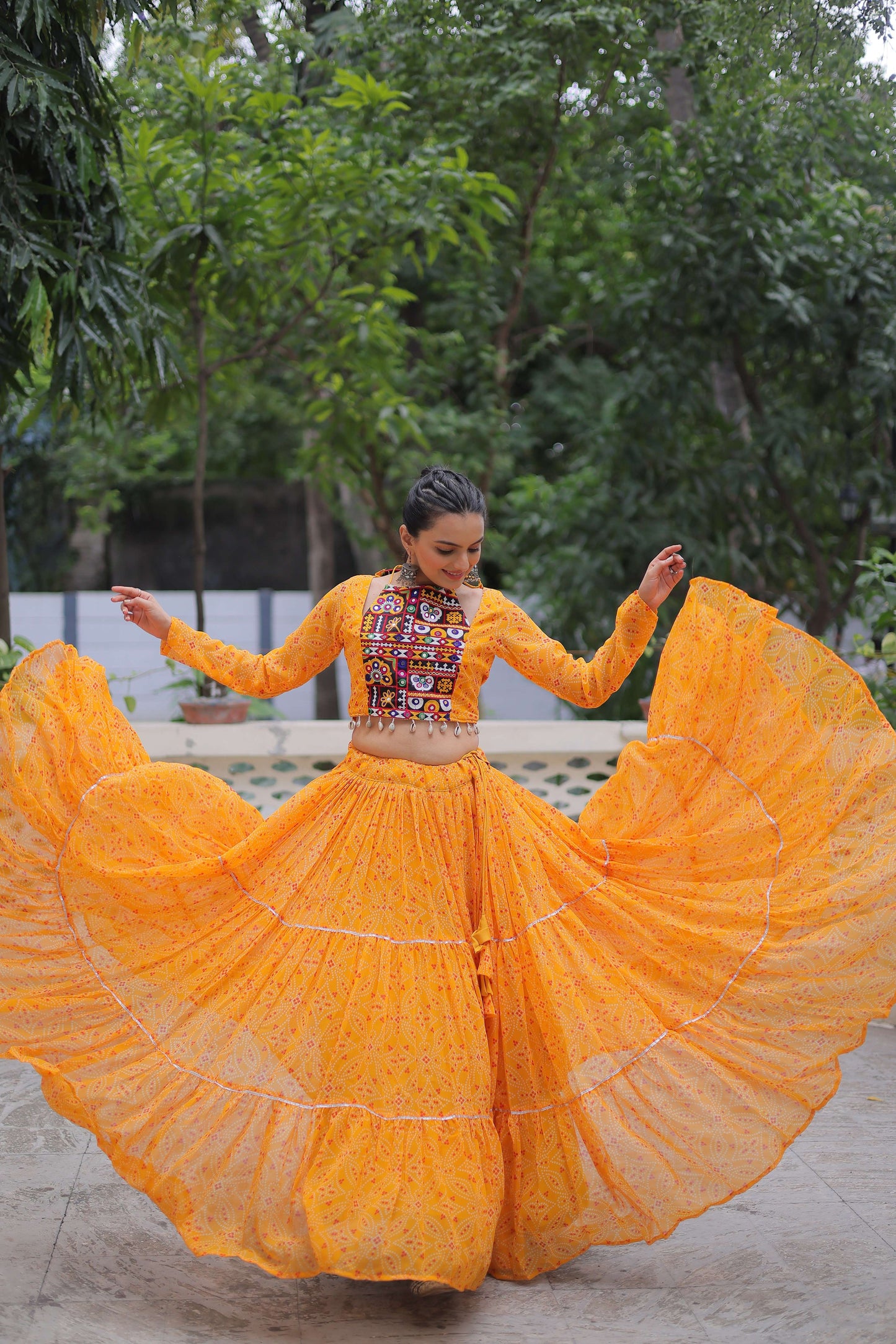 Faux Georgette Bandhej Frilled Navratri Lehenga Choli Set
