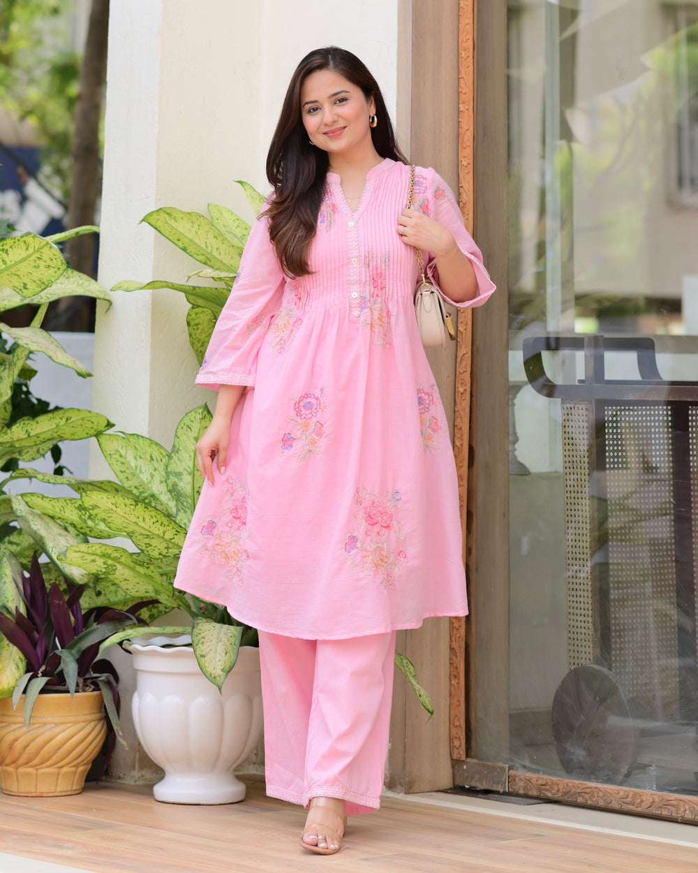 Women's Cotton Embroidery A-Line Kurti With Pant Set