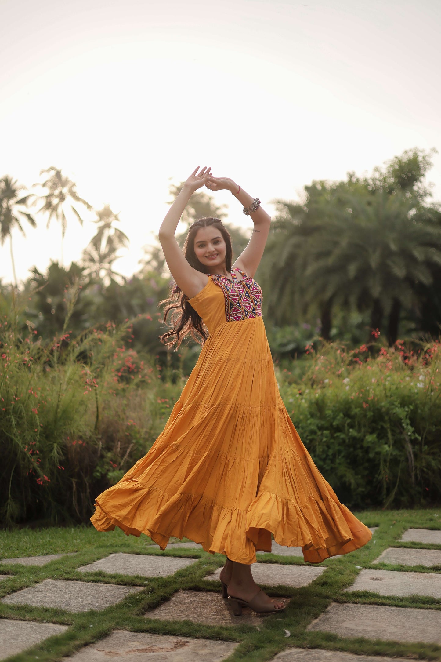 Yellow Navratri Reyon Gown with Kutchi Gamthi Work  Fully Flared Designer Dress