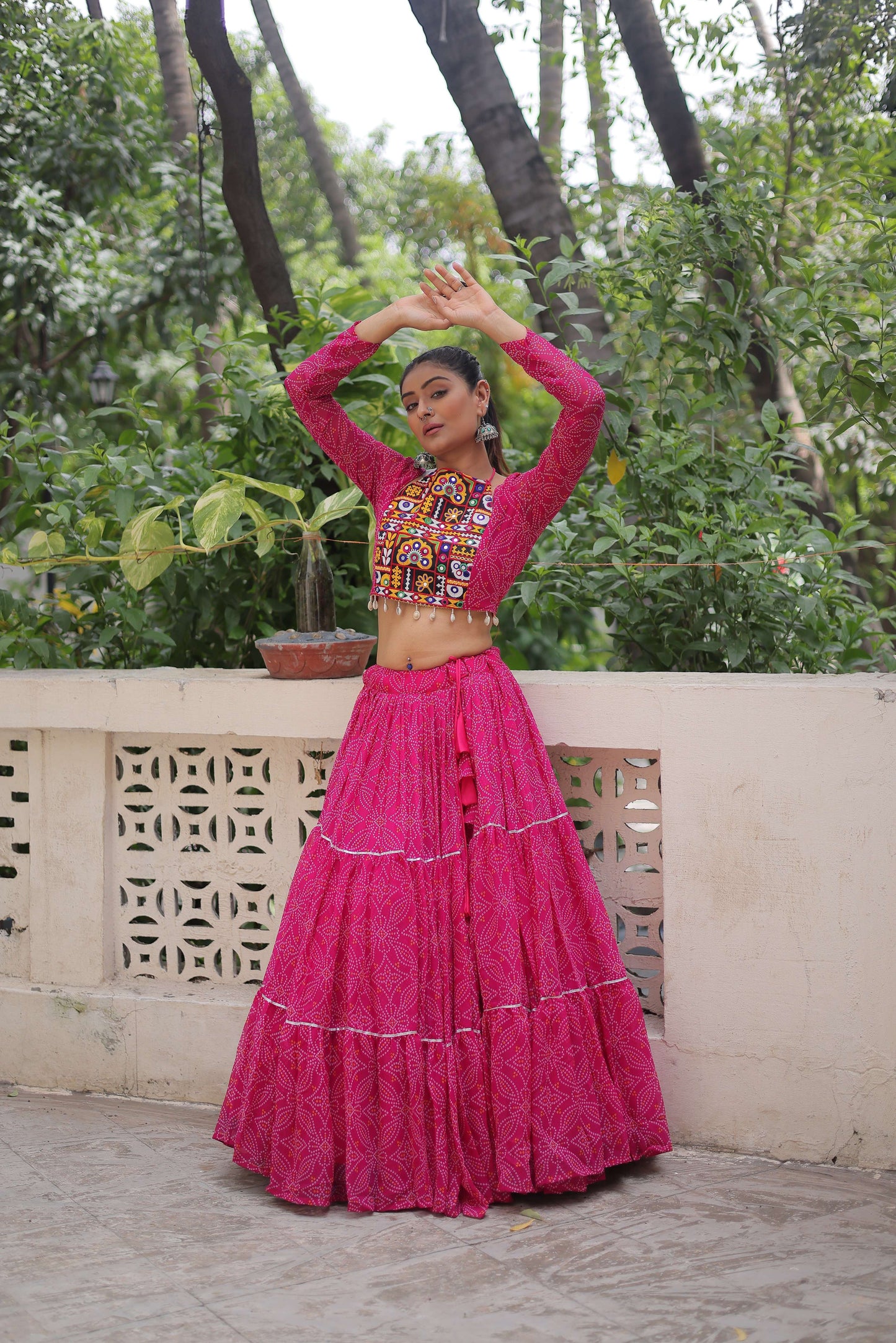 Faux Georgette Bandhej Frilled Navratri Lehenga Choli Set
