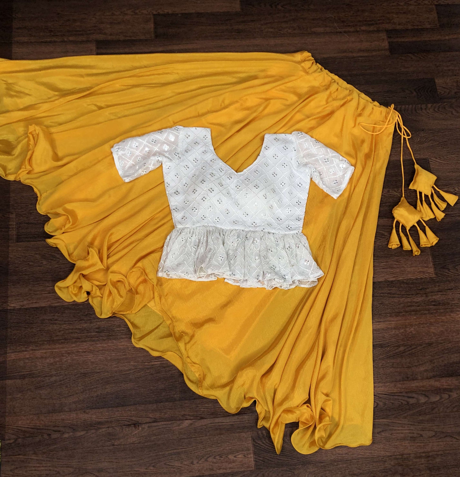 Premium Chinnon Umbrella Flair Lehenga with Chikankari Embroidered Peplum Blouse