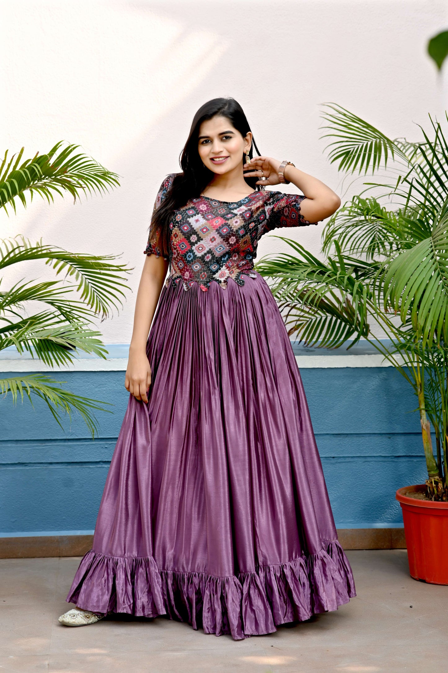 Purple Premium Chinnon Designer Gown with Sequins & Position Print  Elegant Ready-to-Wear Dress