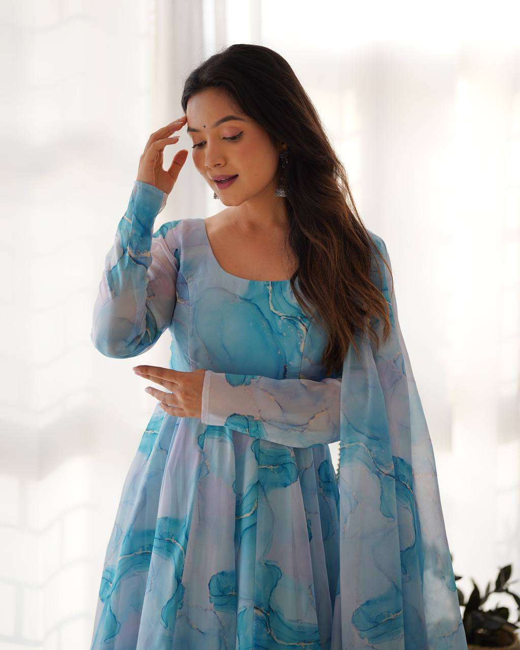 Womens Crunchy Silk Anarkali Kurti with Pant & Dupatta Set