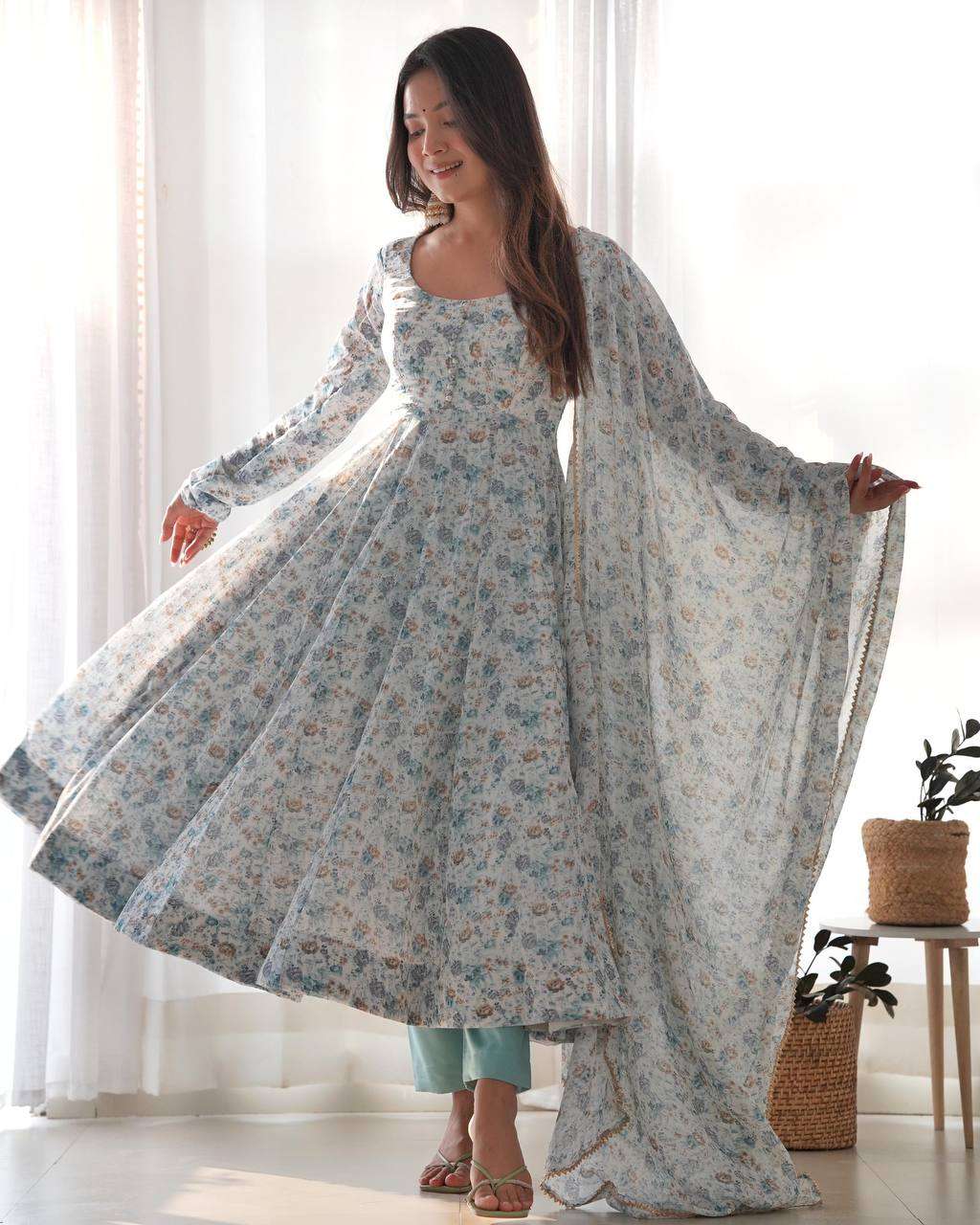 Womens Crunchy Silk Anarkali Kurti with Pant & Dupatta Set