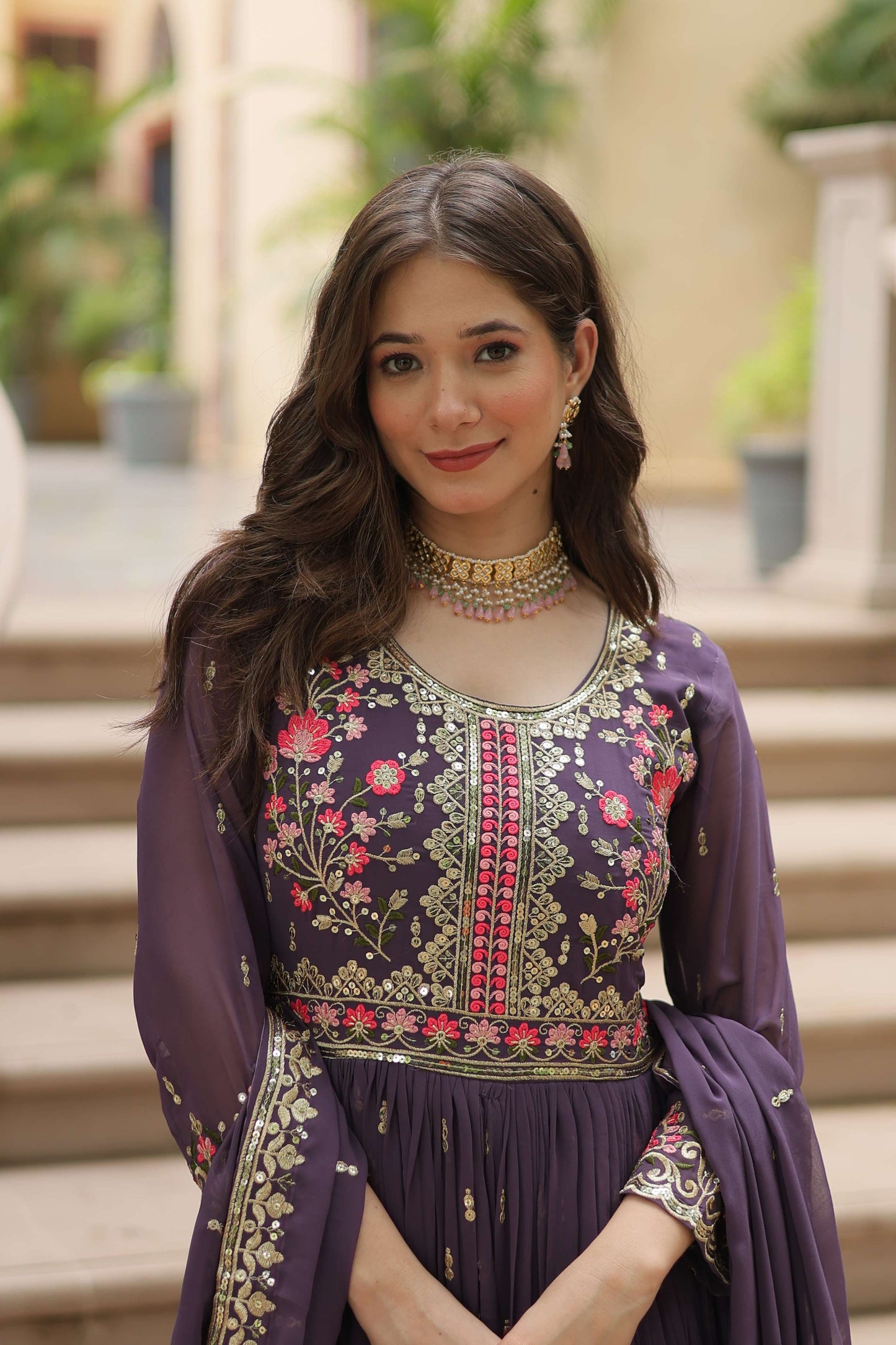 Onion Faux Georgette Sequins Embroidered Kurti with Sharara & Dupatta Set