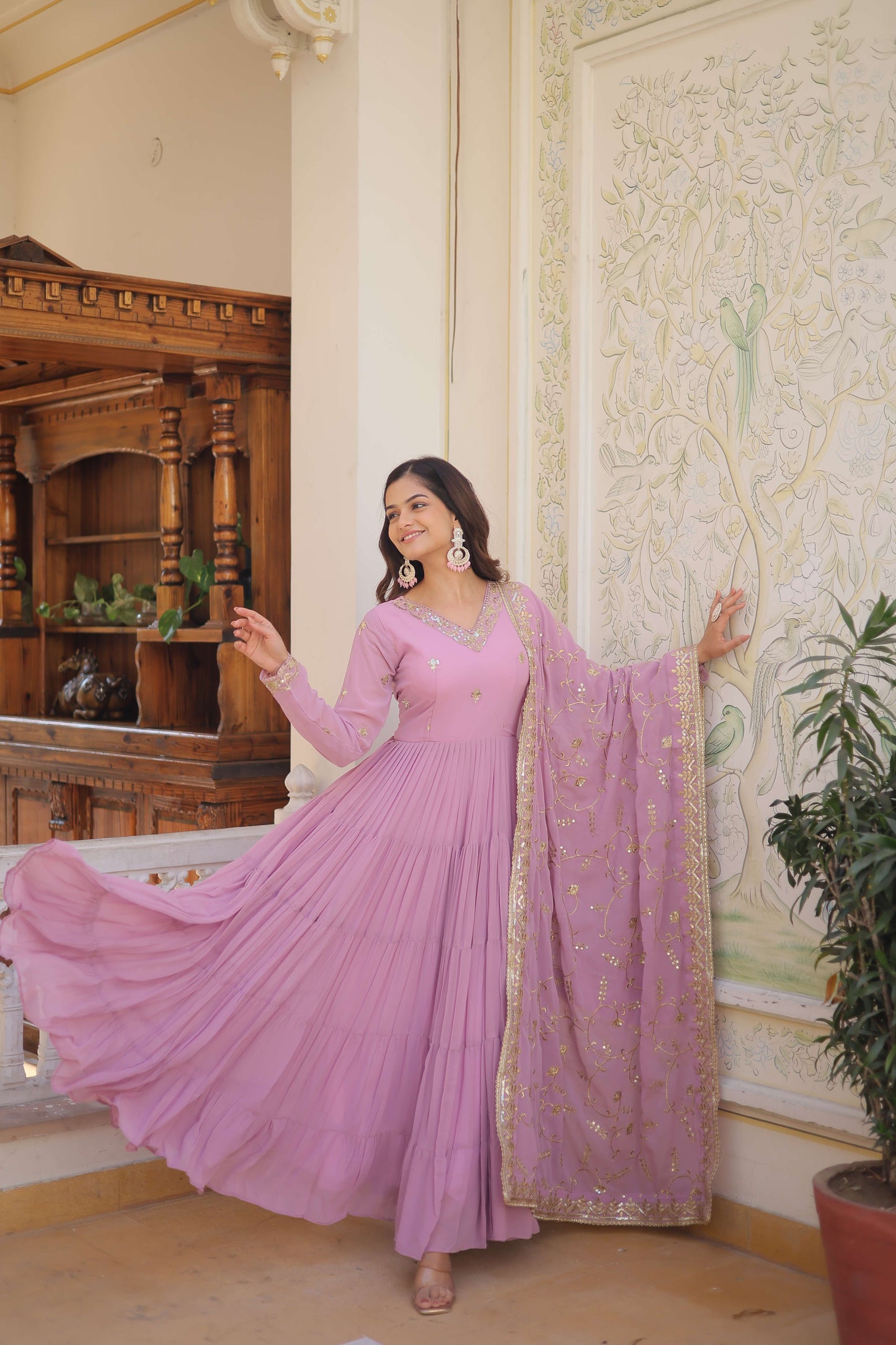Purple Faux Georgette Designer Gown with Sequined Dupatta  Fully Flared Elegant Ready-to-Wear Set