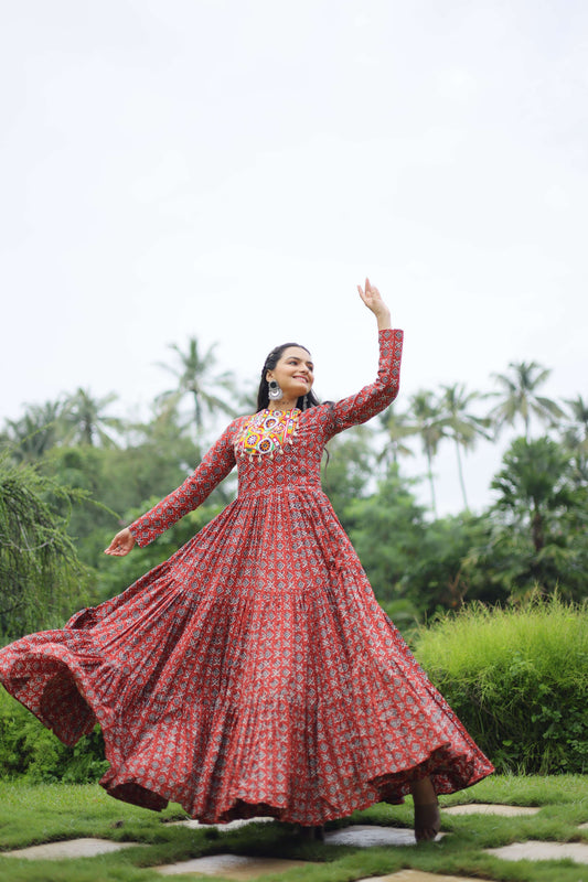 Maroon Designer Printed Cotton Gown with Kutchi Gamthi Lace & Kodi Work  Maroon