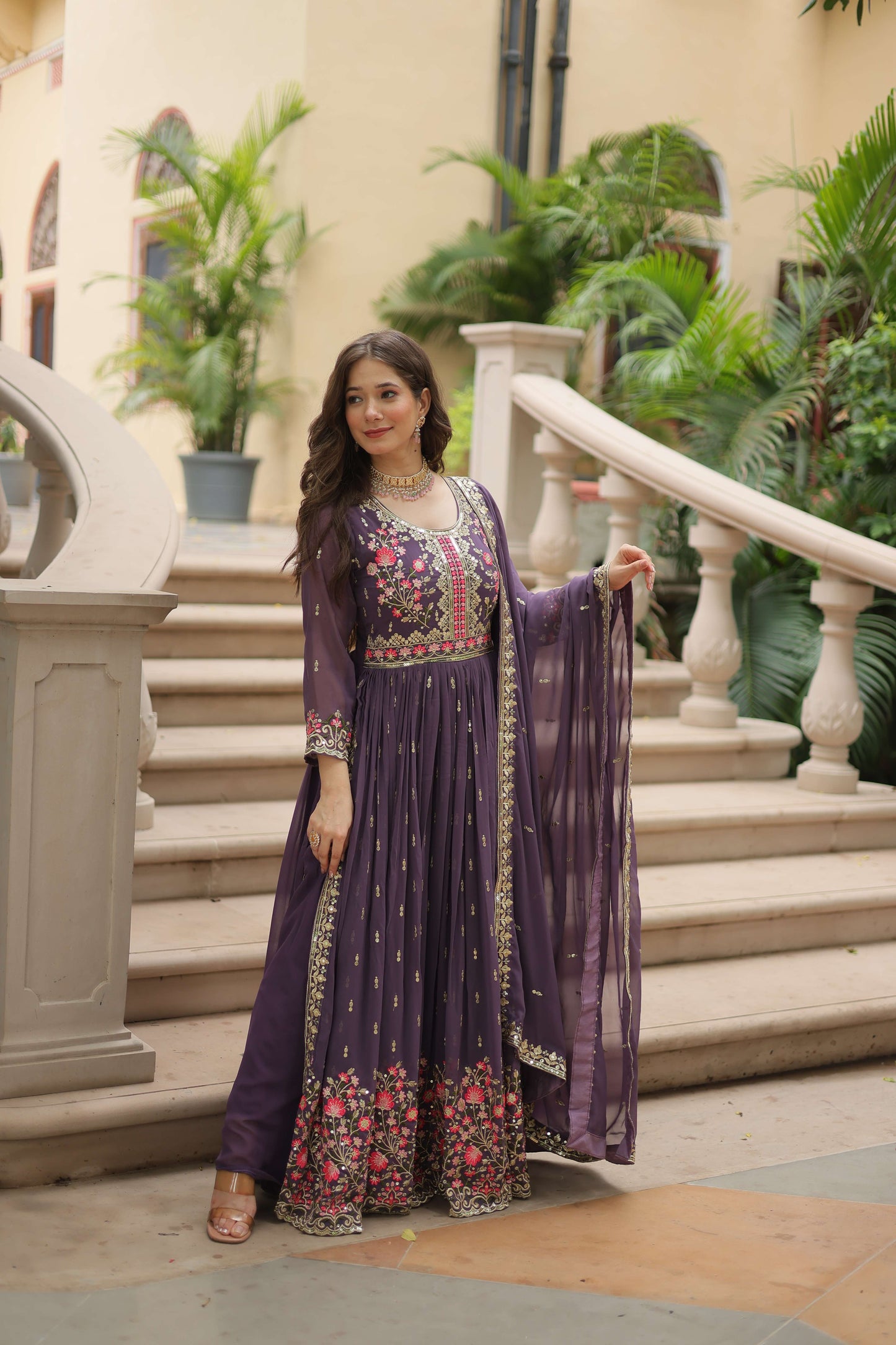 Onion Faux Georgette Sequins Embroidered Kurti with Sharara & Dupatta Set