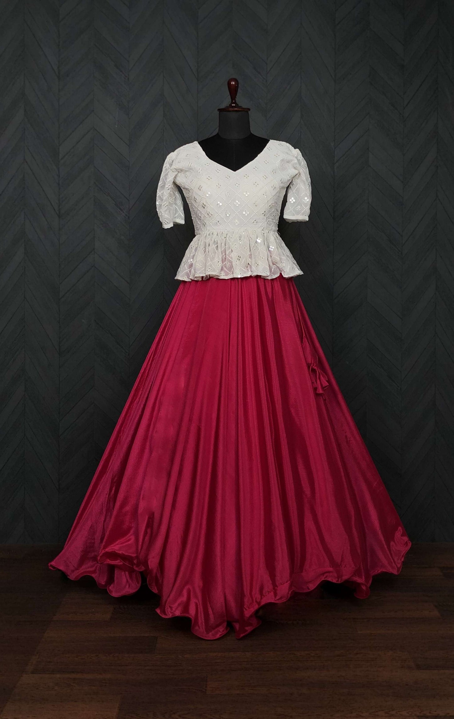 Premium Chinnon Umbrella Flair Lehenga with Chikankari Embroidered Peplum Blouse