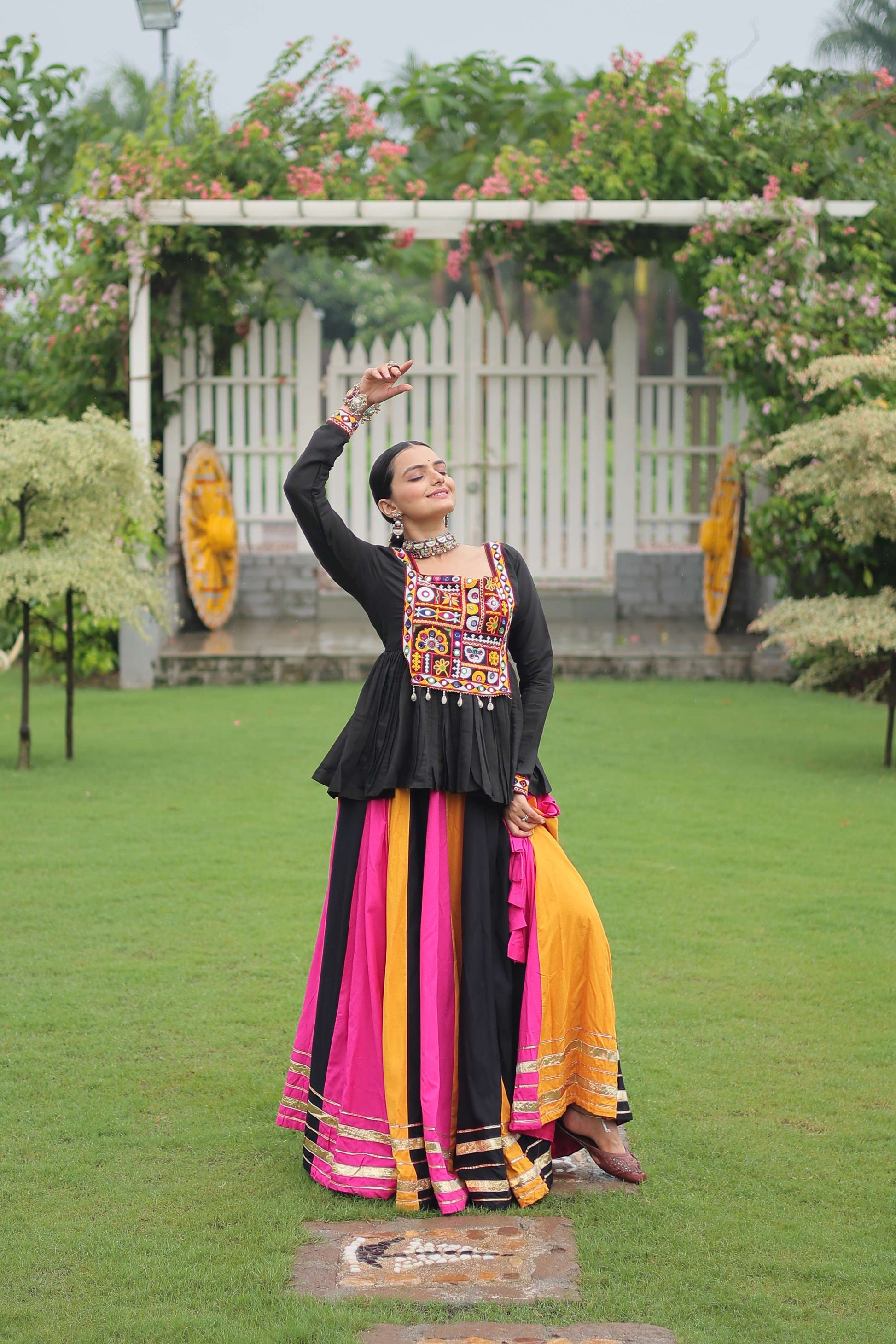 Multicolor Navratri Lehenga Choli Set with Black Peplum Top