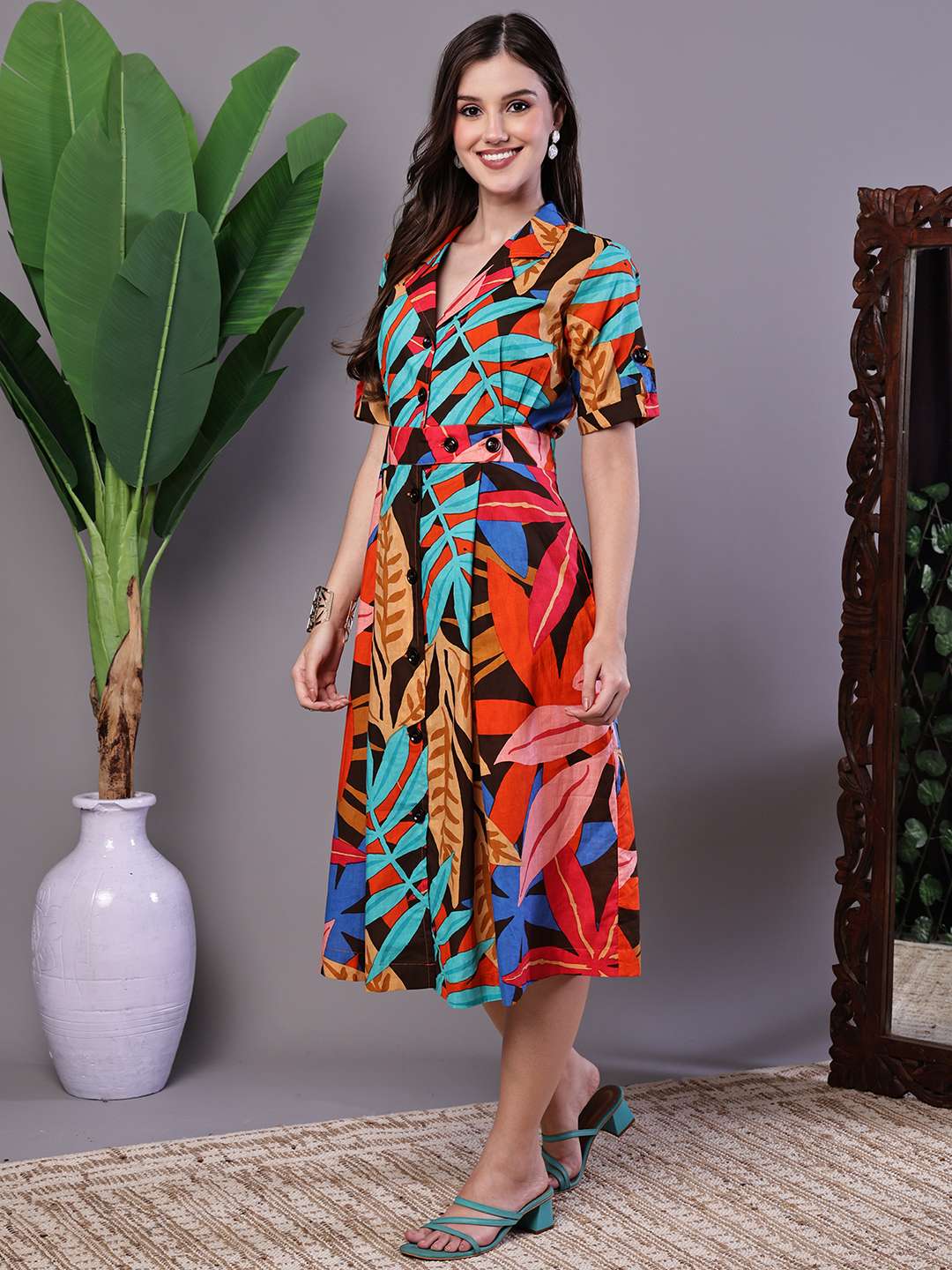 Women's Leaf Print Button-Down Cotton Midi Dress