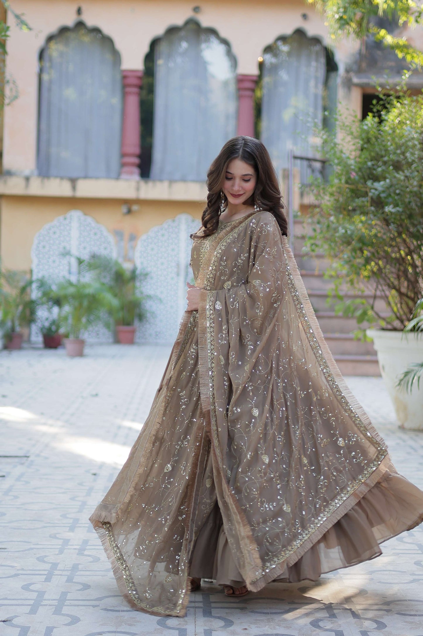 Beige Star Georgette Fully Flared Gown with Sequins Embroidered Dupatta & Lace Border