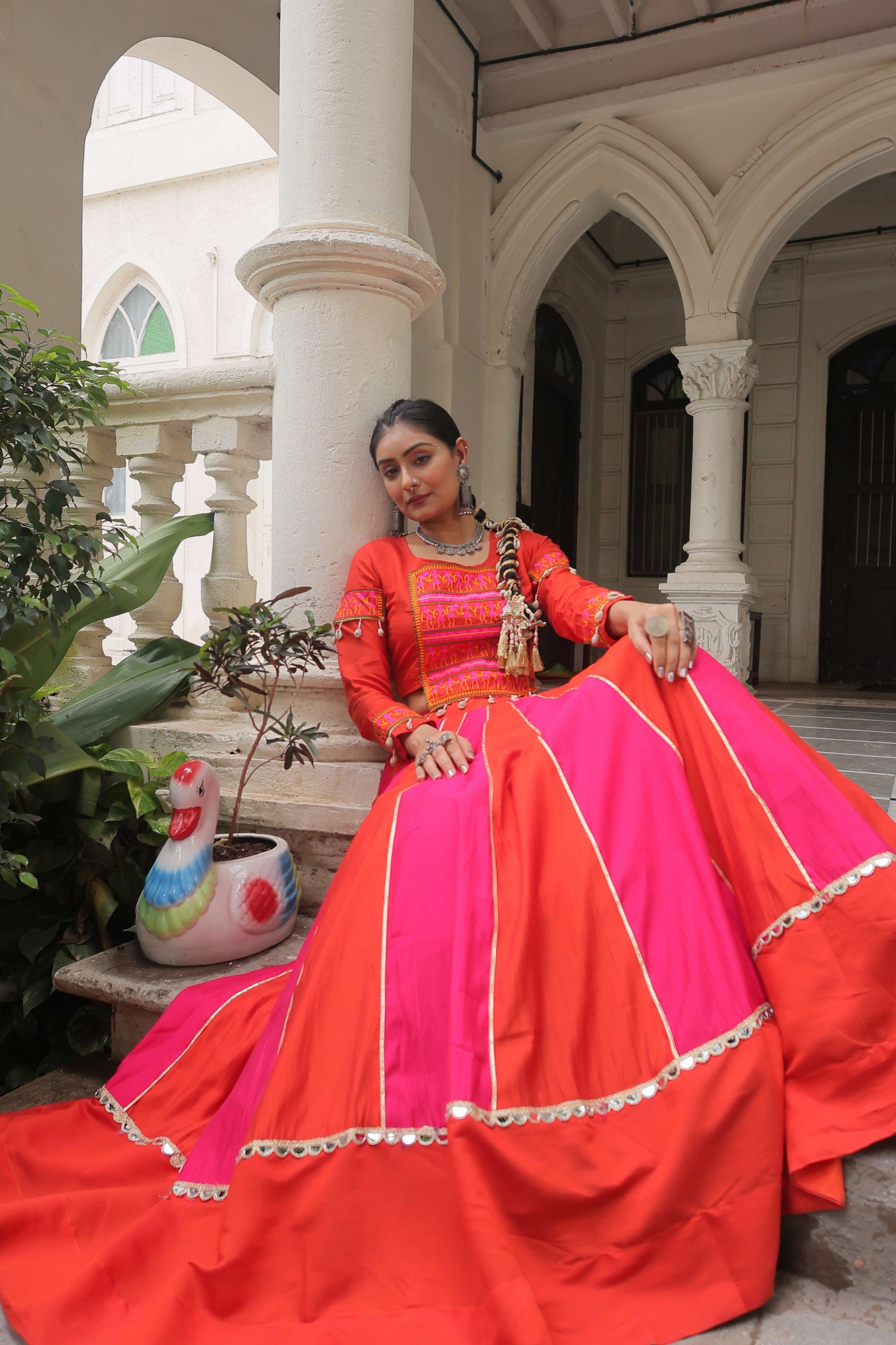 Roman Fabric Mirror-Embellished Navratri Lehenga Choli Set
