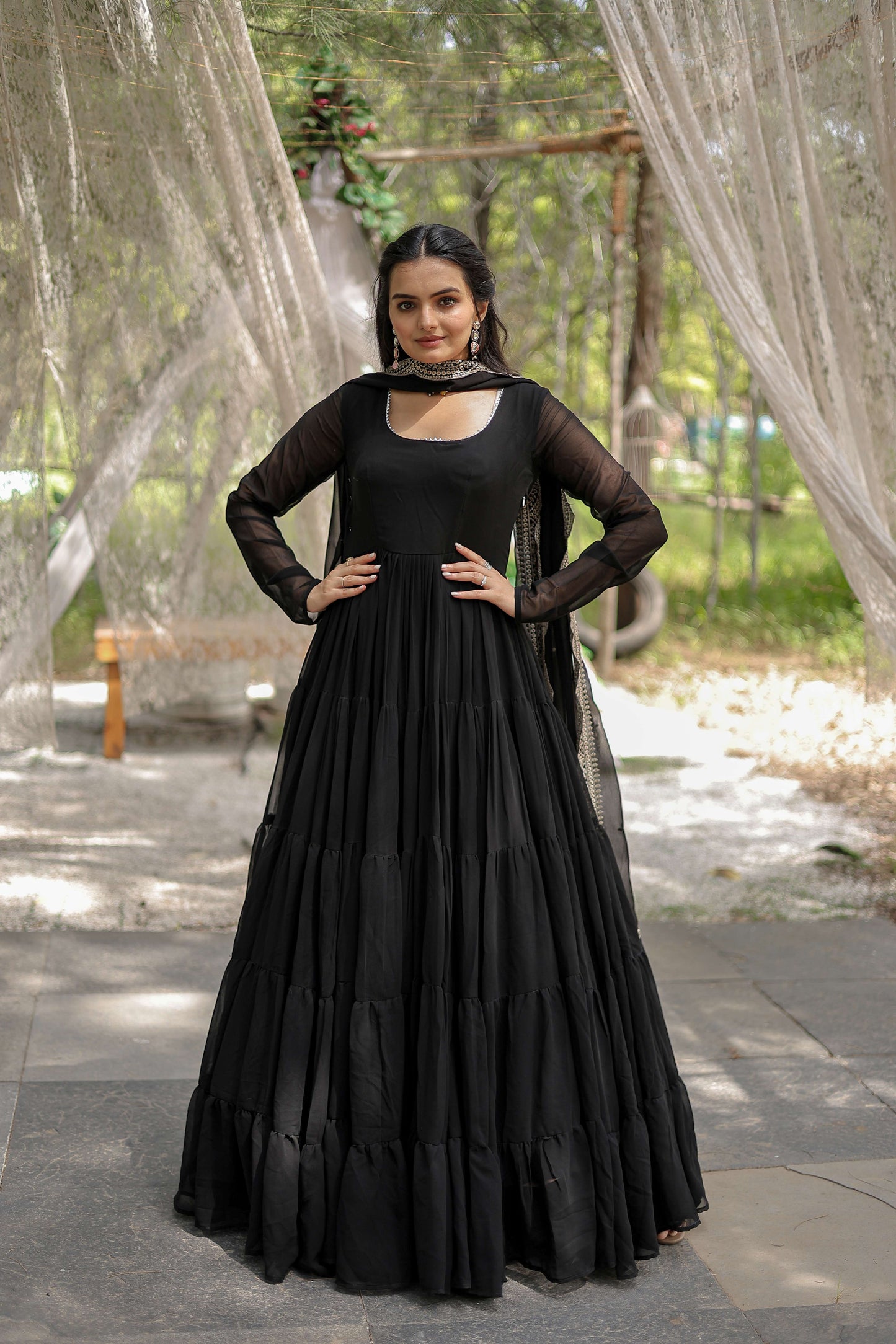 Black Premium Faux Georgette Designer Gown with Sequined Dupatta  Fully Flaired Ready-to-Wear Set