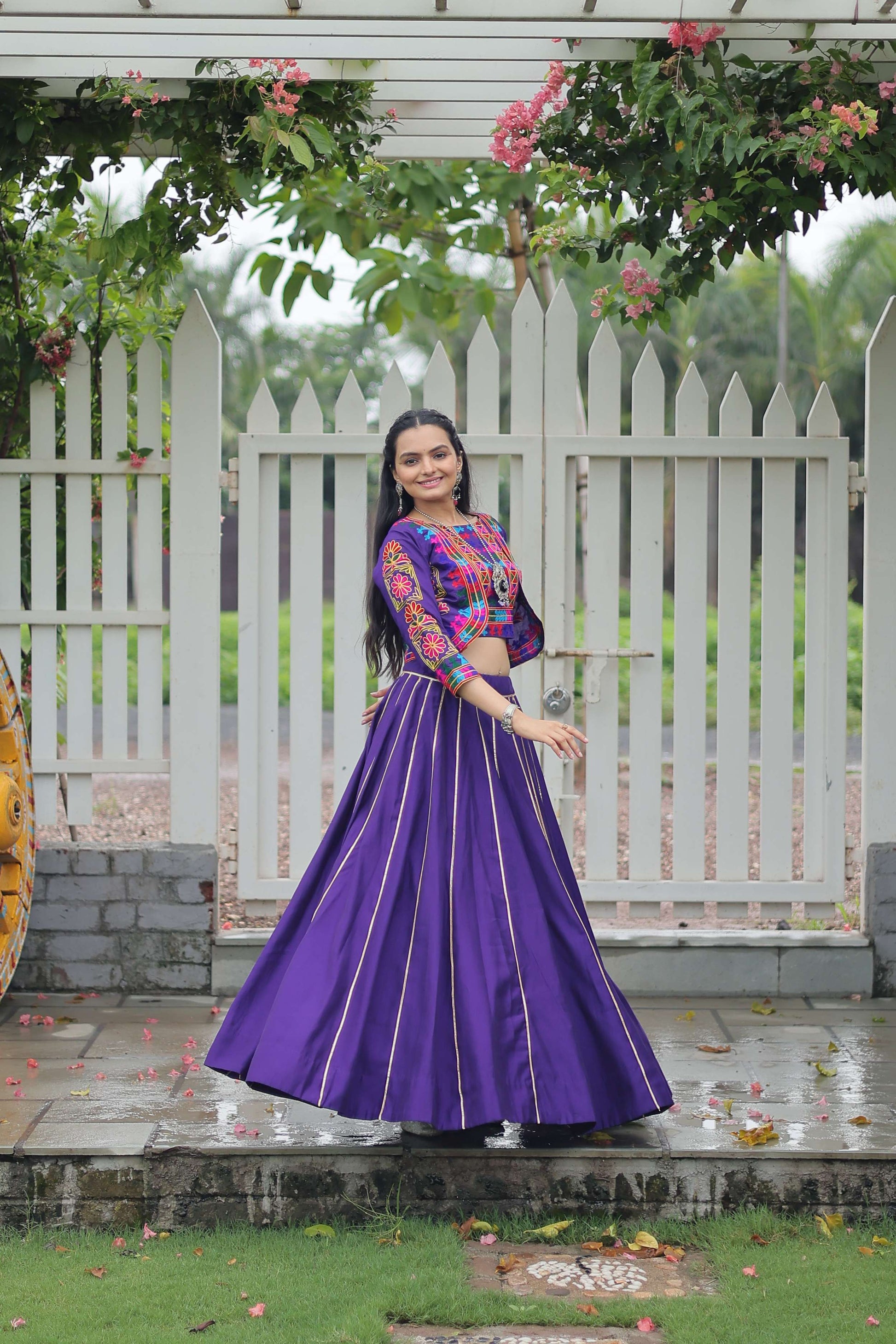 Vibrant Roman Fabric Navratri Lehenga Choli Set with Koti Blouse