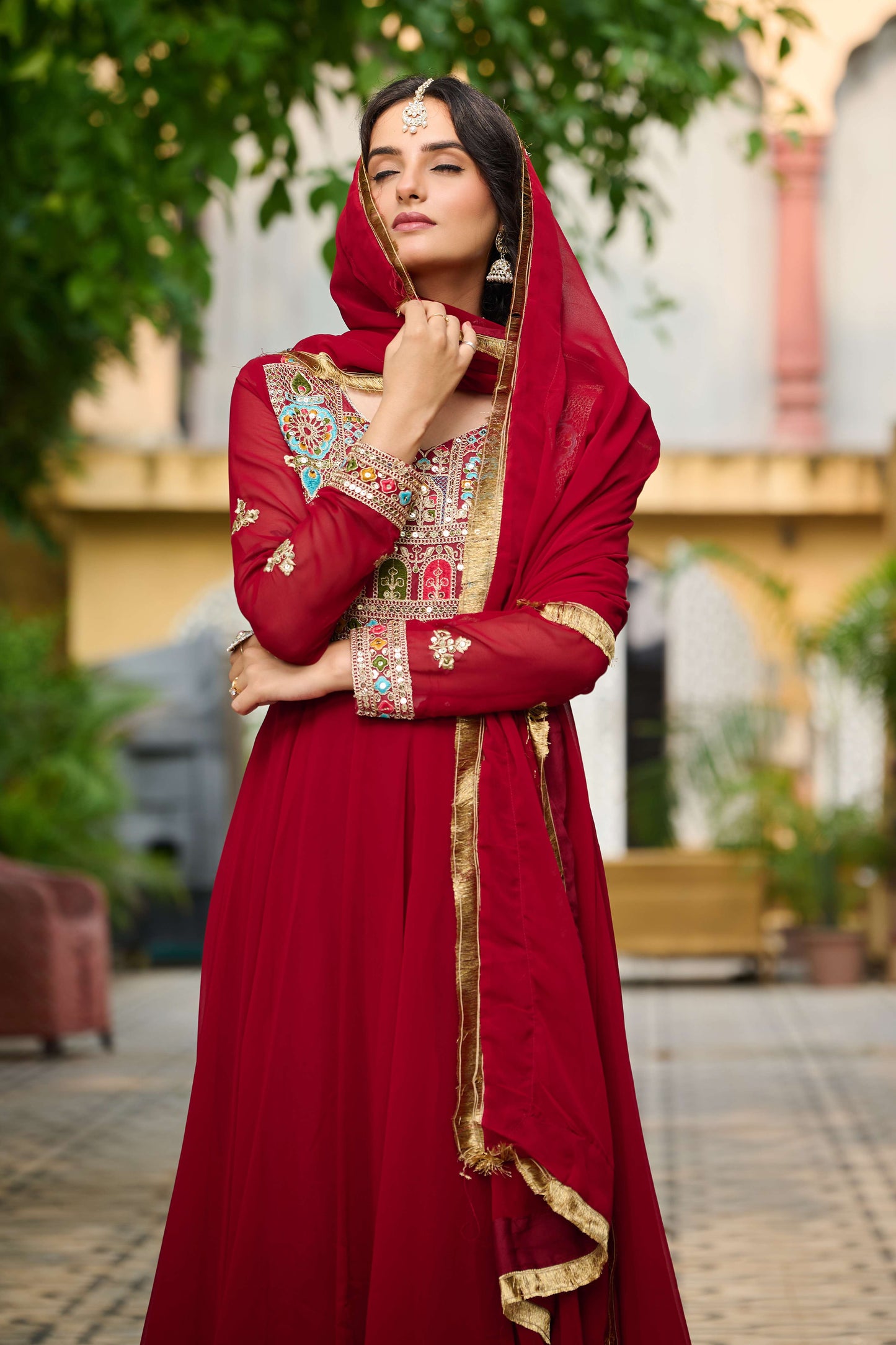Maroon Elegant Faux Blooming Designer Gown with Sequins & Multi-Thread Embroidery – Ethnic Dupatta Set