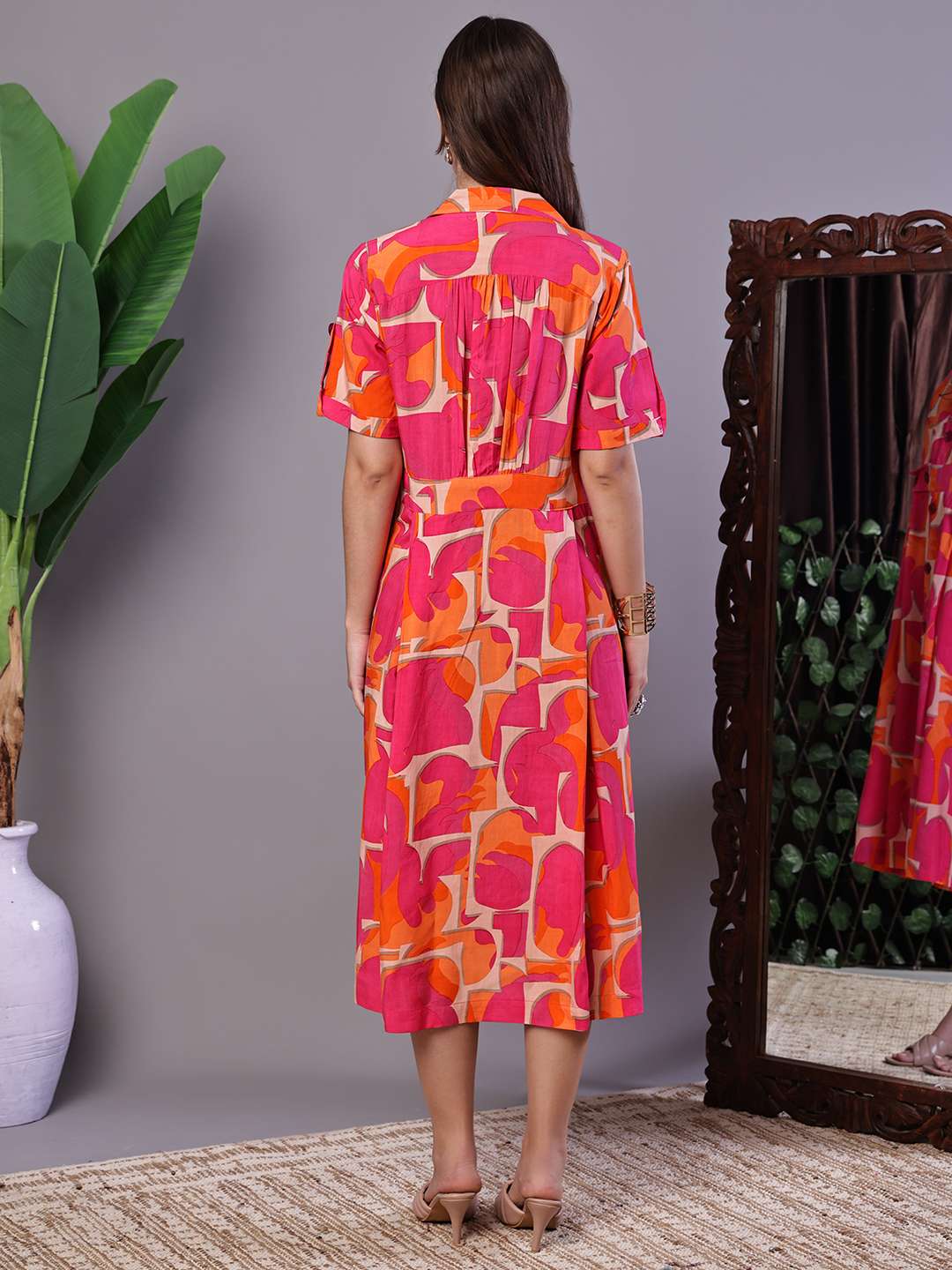 Women's Pink & Orange Abstract Print Cotton Shirt Dress