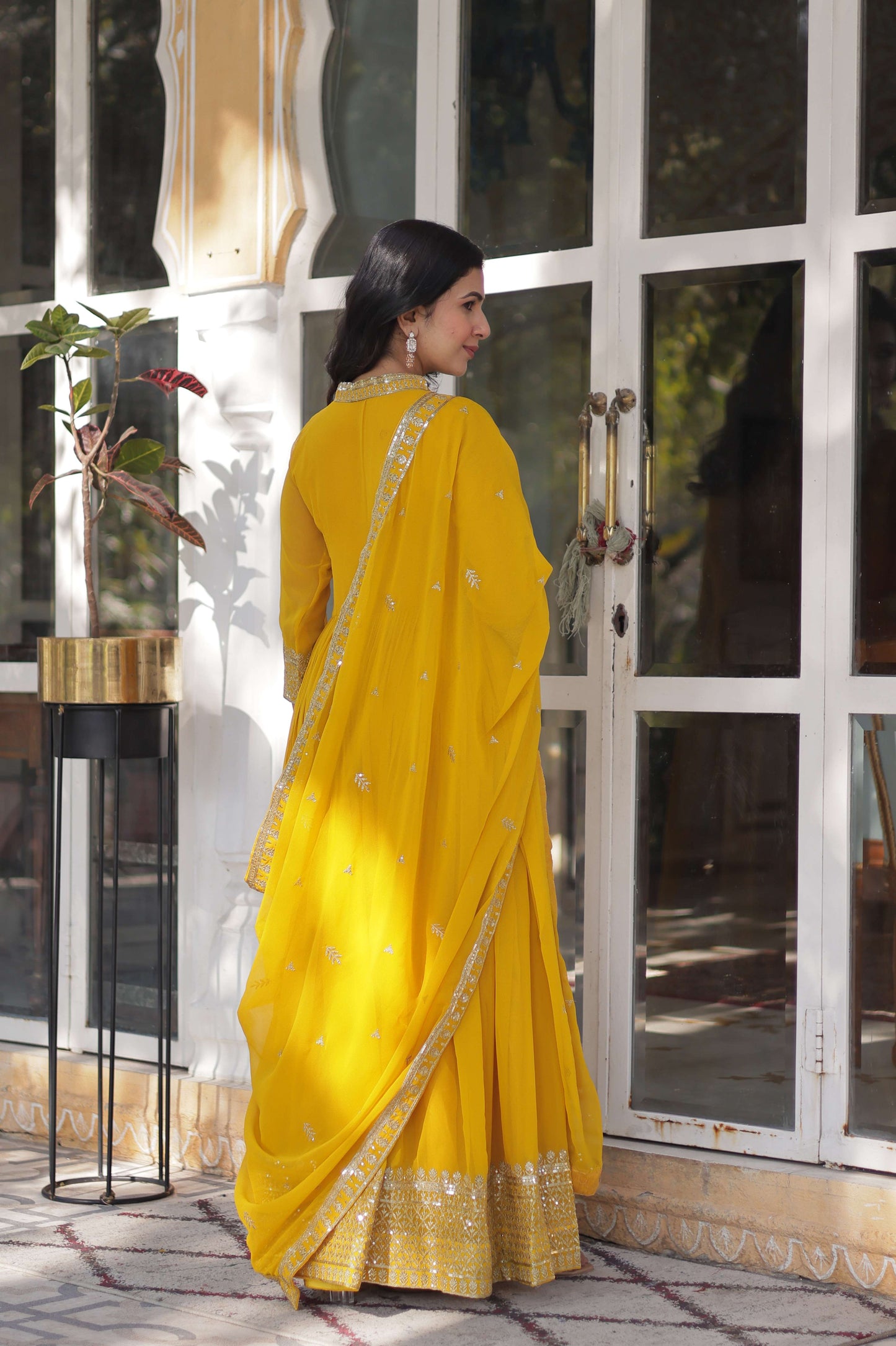Yellow Faux Blooming Georgette Sequins Embroidered Gown with Matching Dupatta