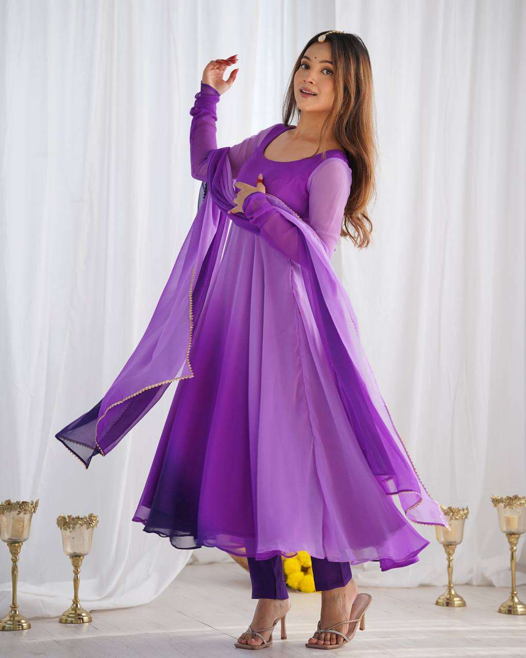 Women's Pure Romansilk Chanderi Tie-Dye Anarkali Kurti Pant With Dupatta Set