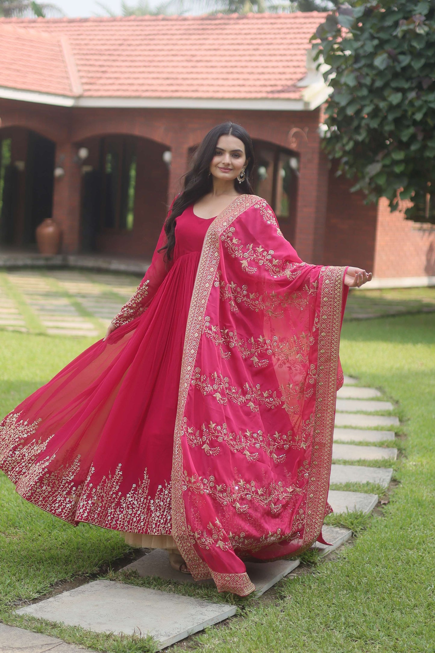 Pink Faux Blooming Designer Gown with Sequined Dupatta  Elegant Fully Flared Party & Wedding Set