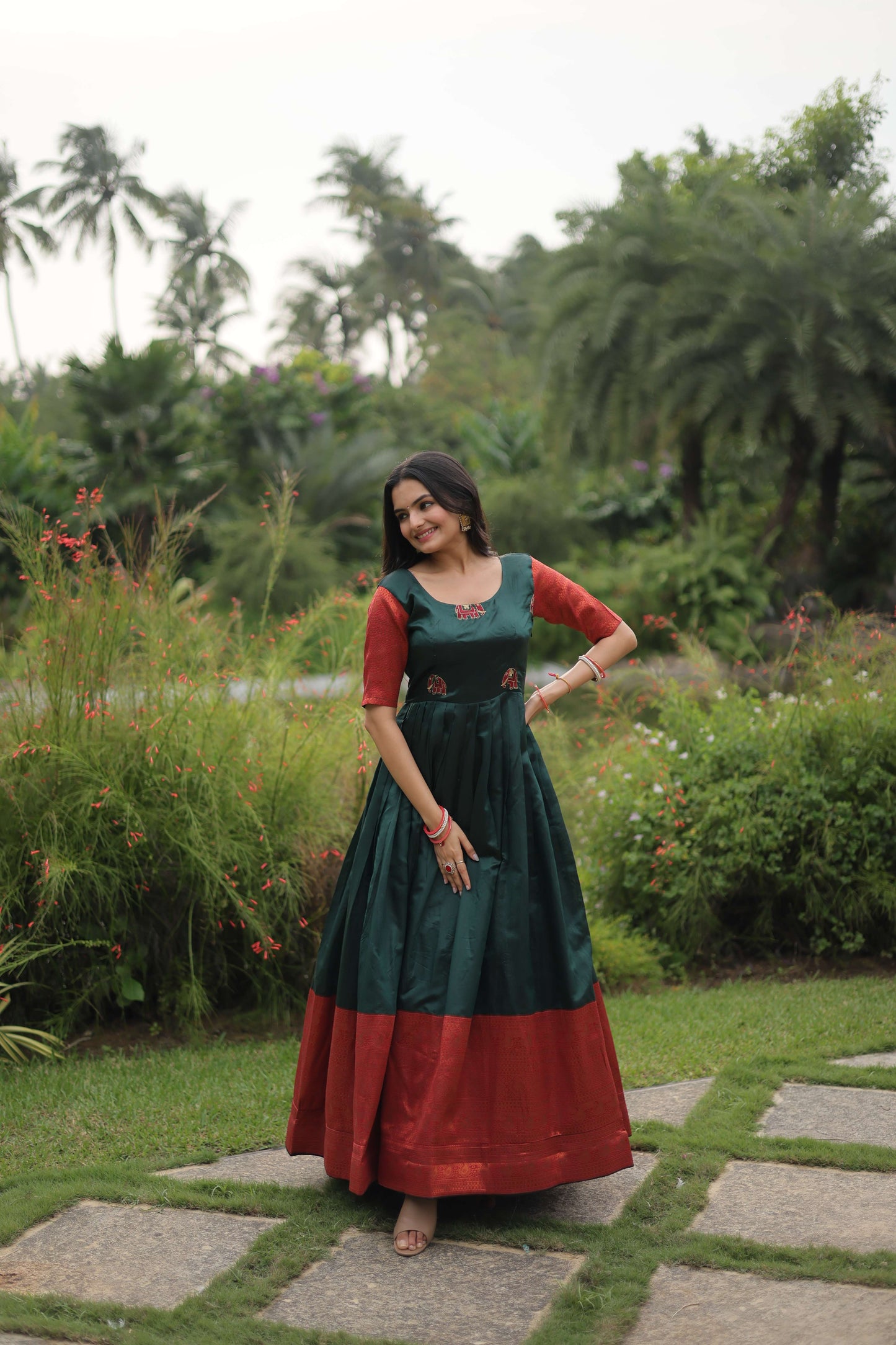 Green Banarasi Jacquard Silk Gown  Elegant Free-Size Designer Party & Wedding Wear