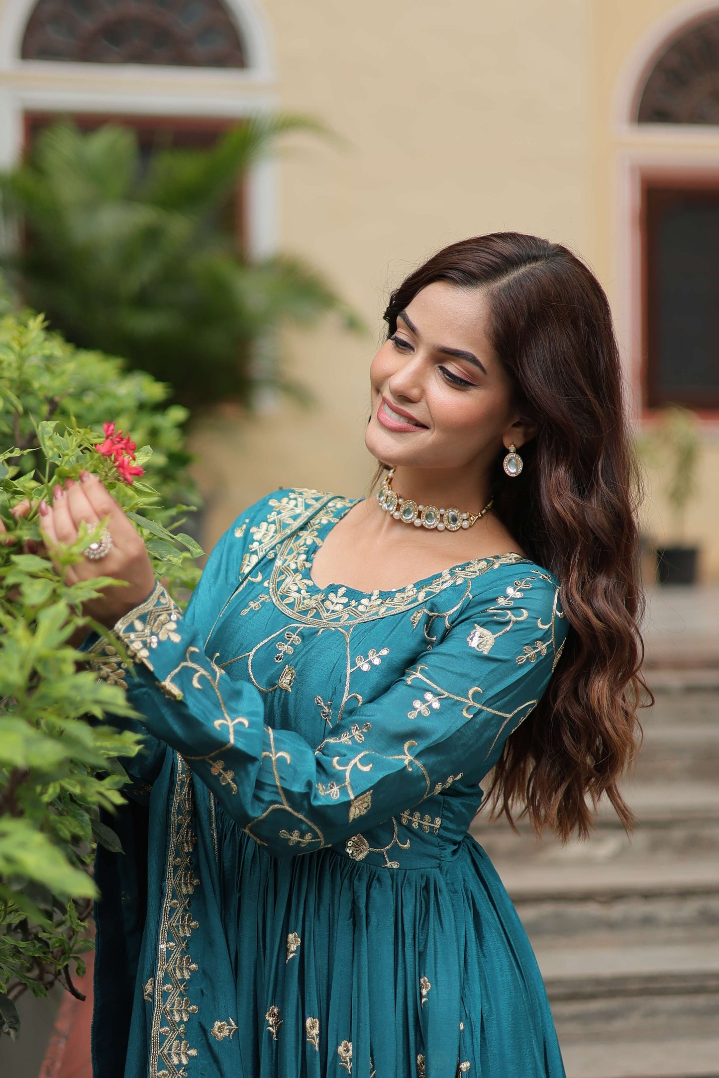 Blue Premium Chinon Sequins Embroidered Kurti with Sharara & Dupatta Set