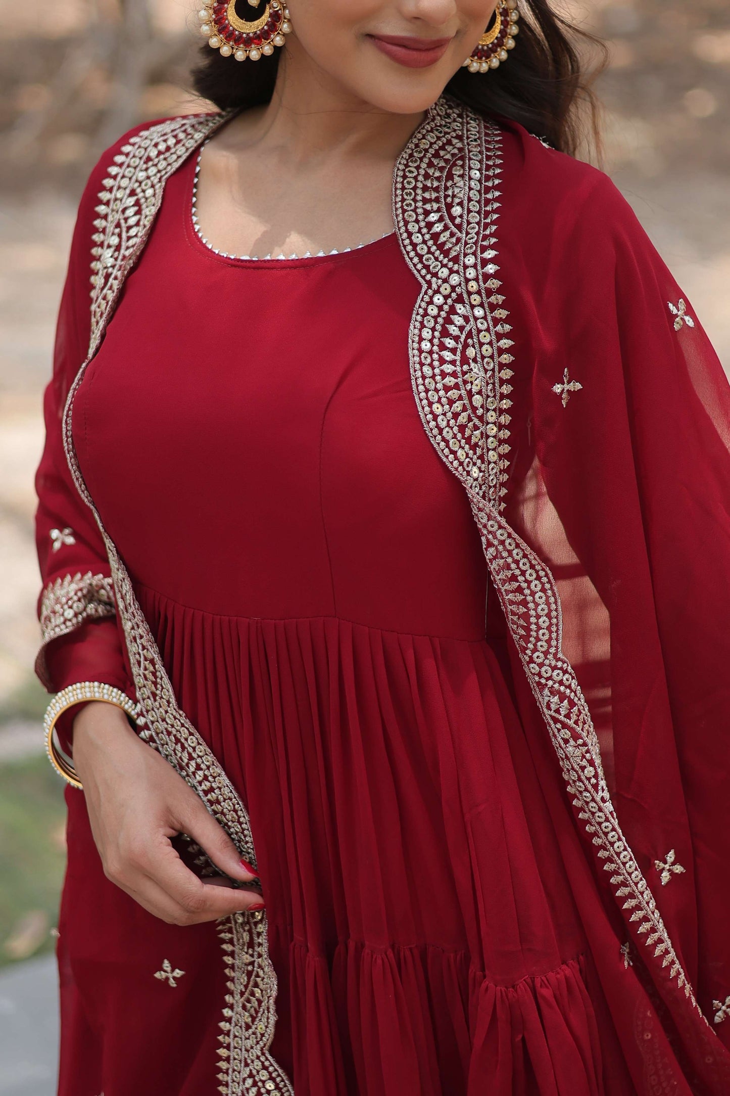 Maroon Premium Faux Georgette Designer Gown with Sequined Dupatta  Fully Flaired Ready-to-Wear Set