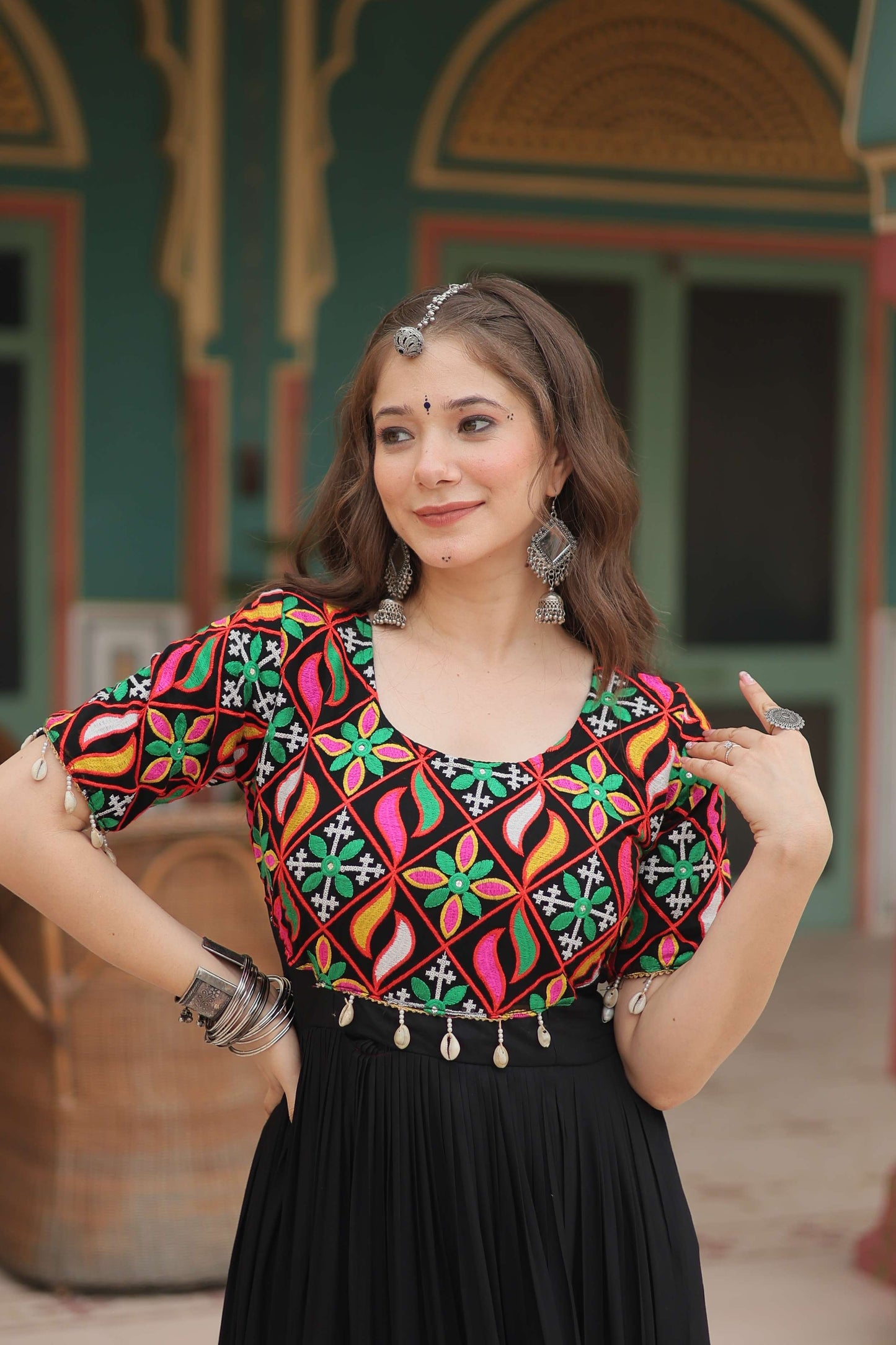 Black Elegant Kutchi Gamthi Work Reyon Gown with Heavy Flair