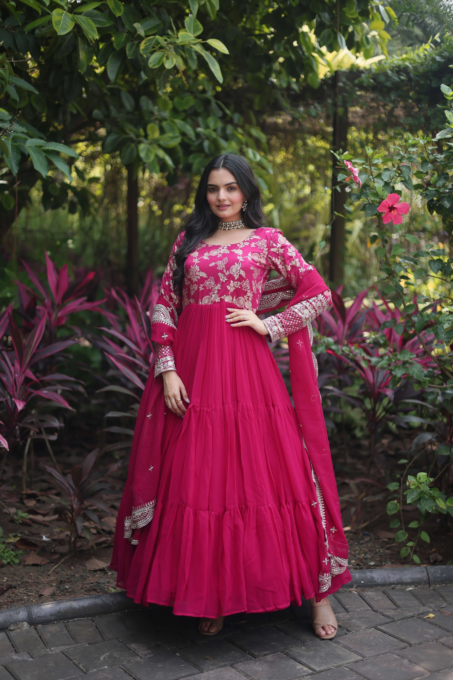 Pink Faux Blooming Designer Gown with Sequined Dupatta  Elegant Fully Flared Ready-to-Wear Set