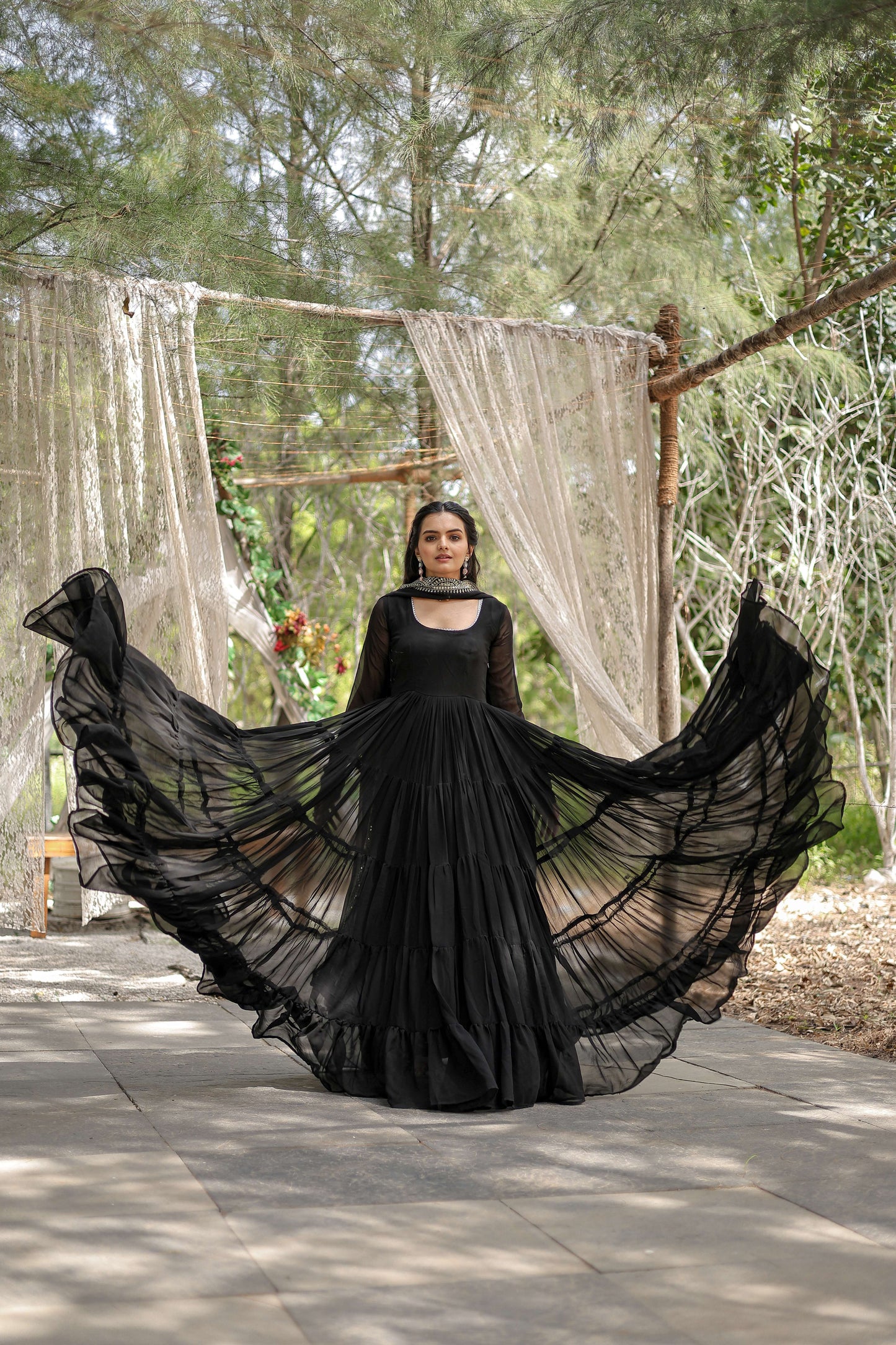 Black Premium Faux Georgette Designer Gown with Sequined Dupatta  Fully Flaired Ready-to-Wear Set