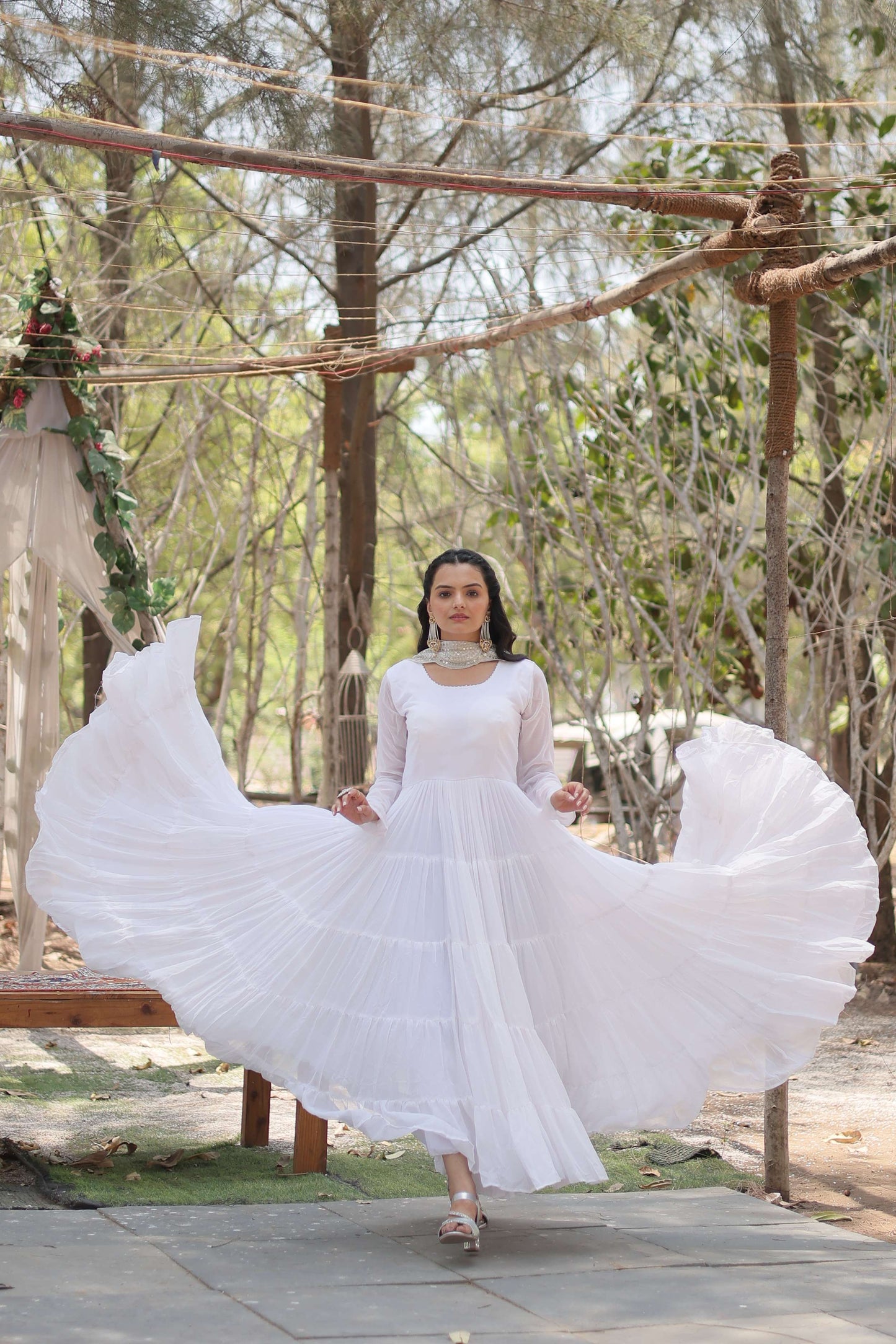 White Premium Faux Georgette Designer Gown with Sequined Dupatta  Fully Flaired Ready-to-Wear Set
