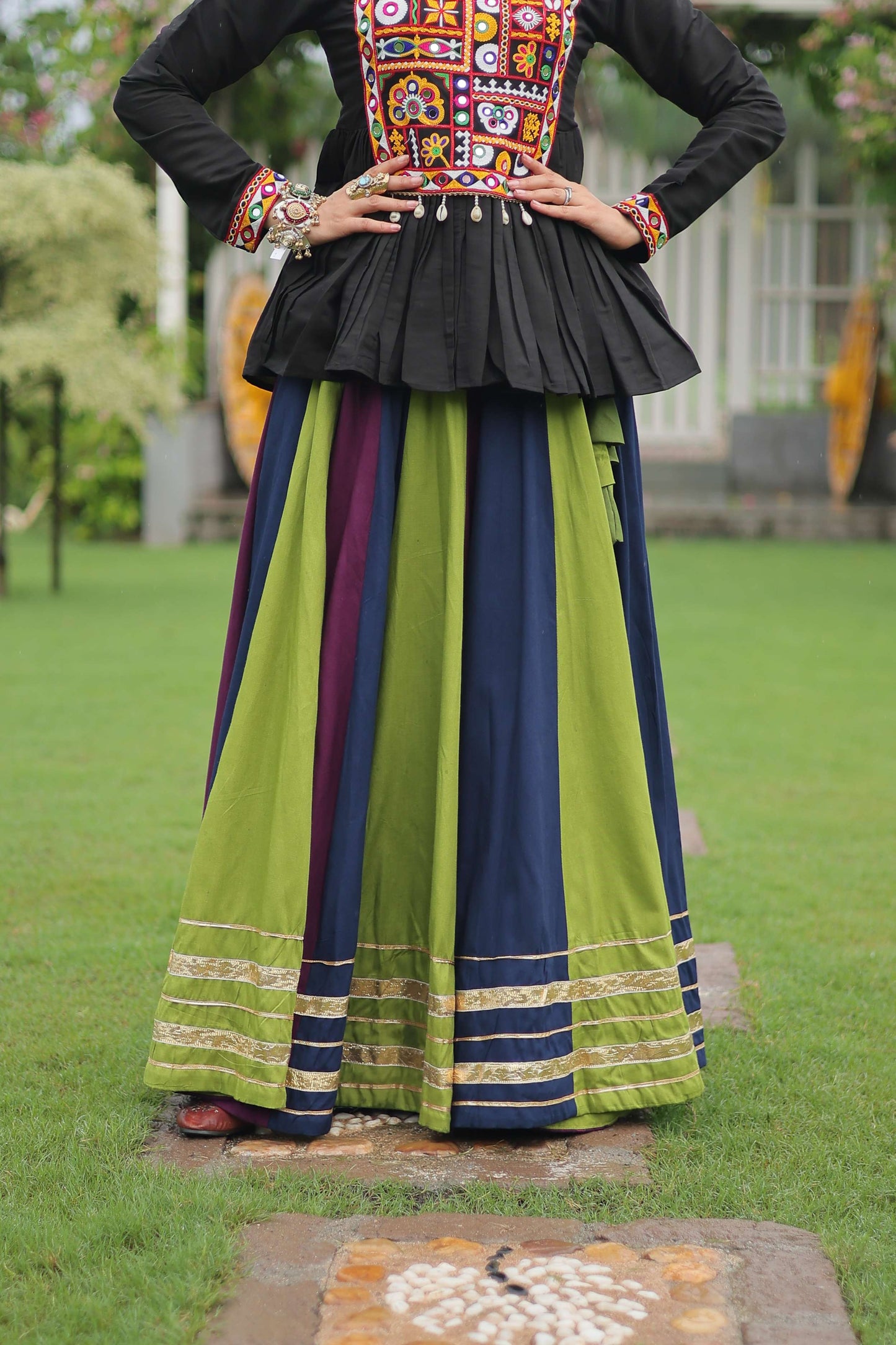 Multicolor Navratri Lehenga Choli Set with Black Peplum Top