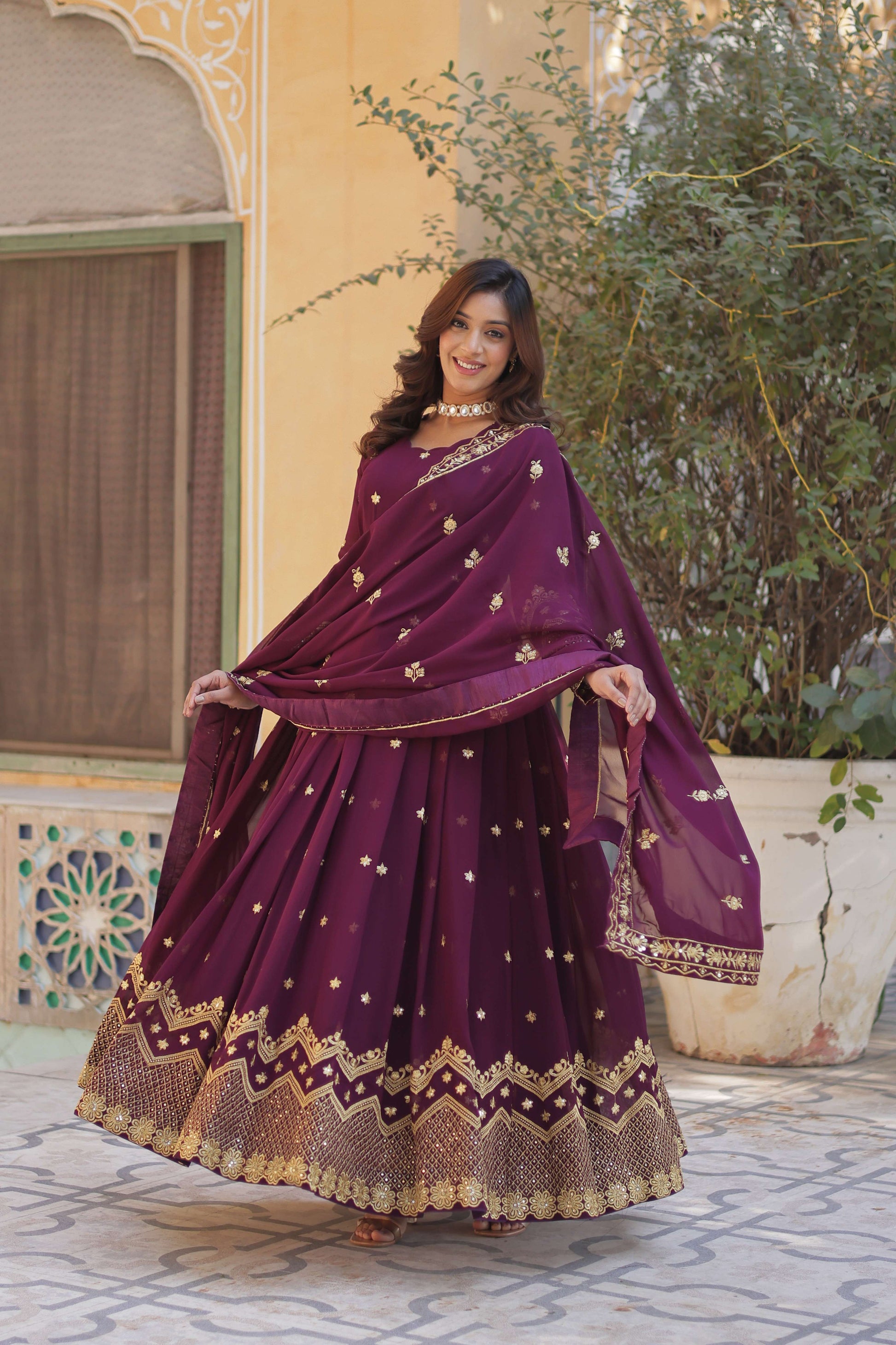 Wine Faux Blooming Georgette Designer Gown with Zari & Sequins Embroidered Dupatta