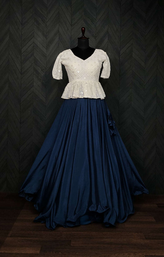 Premium Chinnon Umbrella Flair Lehenga with Chikankari Embroidered Peplum Blouse