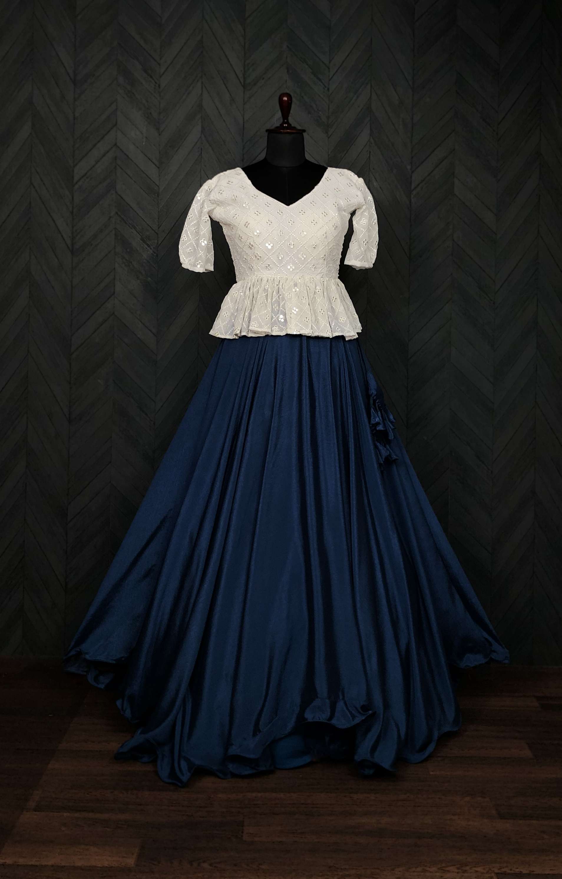 Premium Chinnon Umbrella Flair Lehenga with Chikankari Embroidered Peplum Blouse