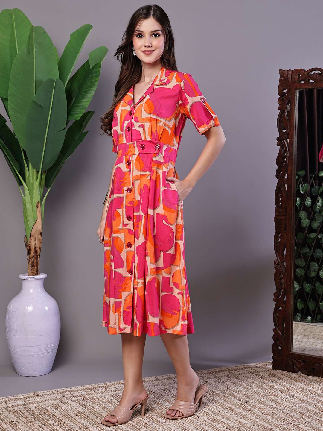 Women's Pink & Orange Abstract Print Cotton Shirt Dress