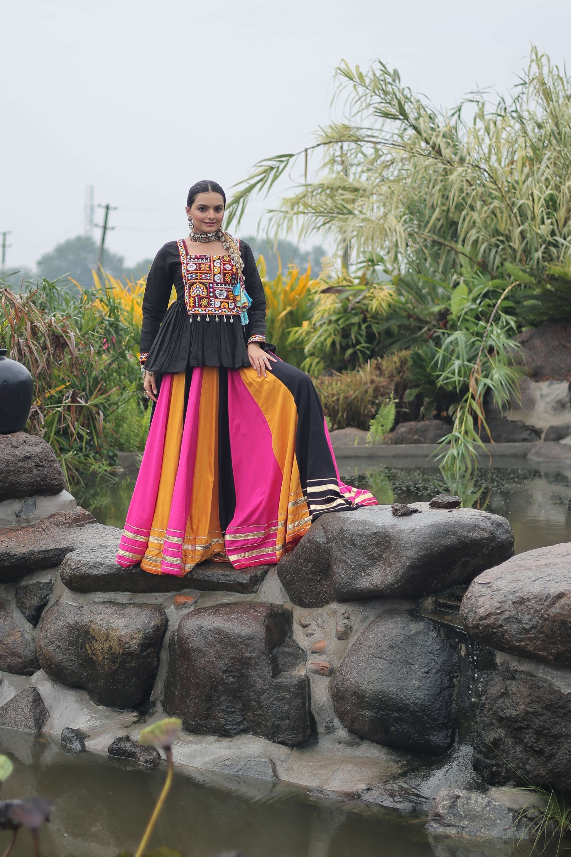 Multicolor Navratri Lehenga Choli Set with Black Peplum Top