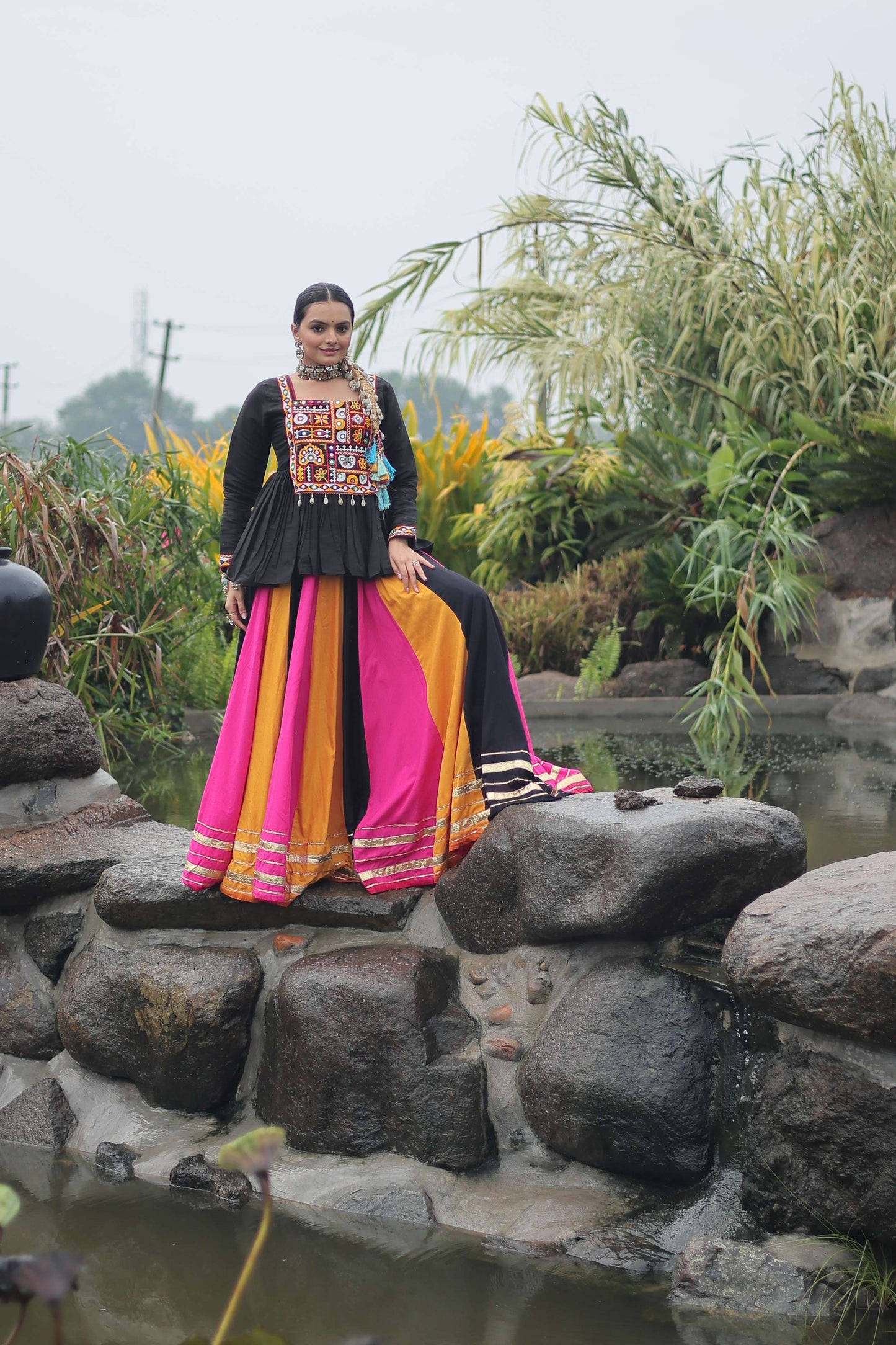Multicolor Navratri Lehenga Choli Set with Black Peplum Top