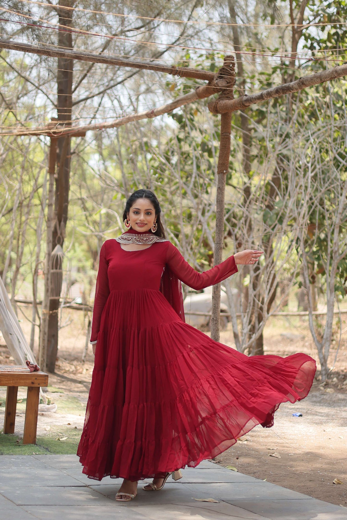 Maroon Premium Faux Georgette Designer Gown with Sequined Dupatta  Fully Flaired Ready-to-Wear Set