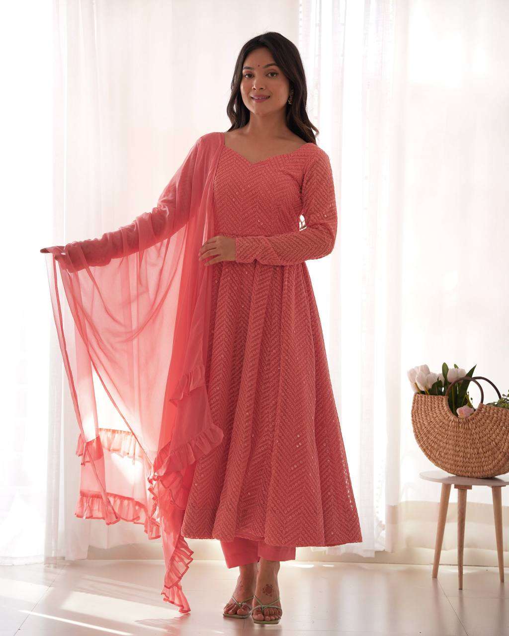 Womens Pure Romansilk Chanderi Embroidered Anarkali Kurti With Dupatta & Pant Set