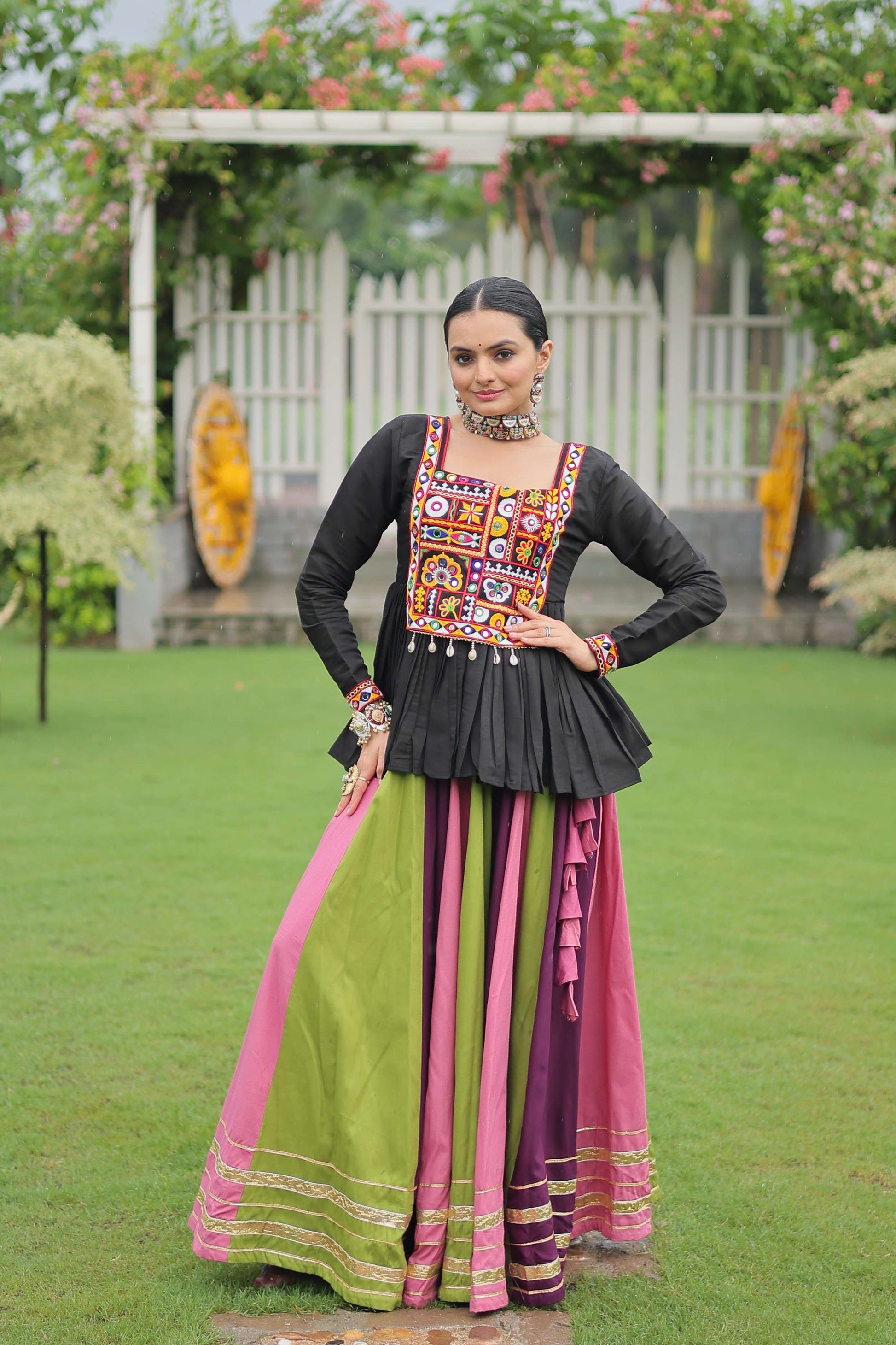 Multicolor Navratri Lehenga Choli Set with Black Peplum Top