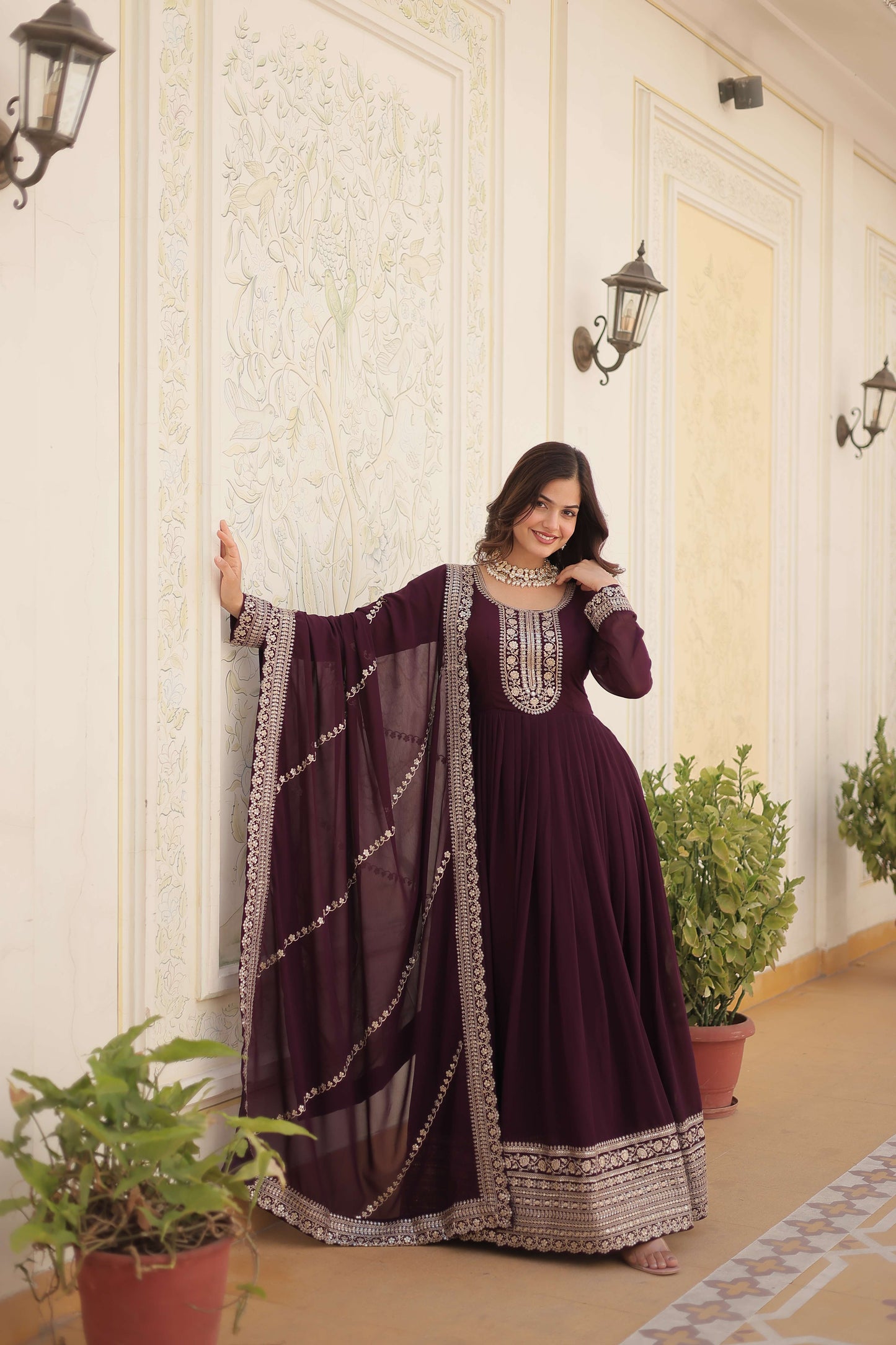 Wine Faux Blooming Sequins Embroidered Gown with Matching Dupatta  Festive & Party Wear 2024