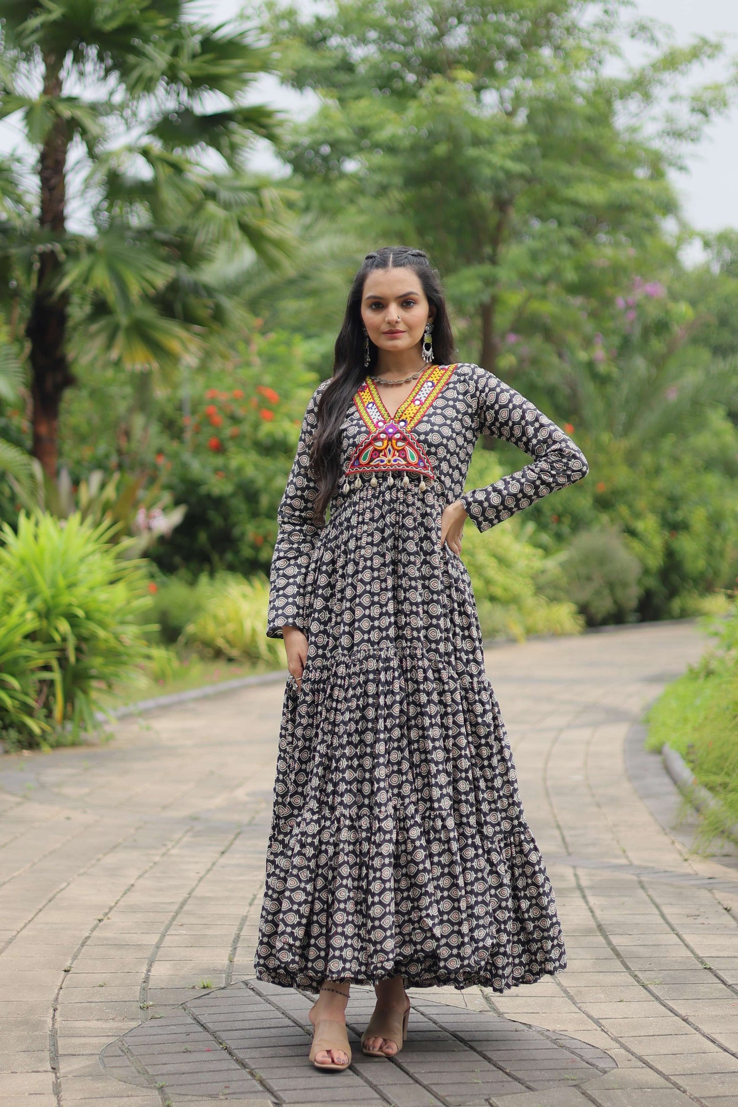 Black Designer Printed Cotton Gown with Kutchi Gamthi Lace & Kodi Work