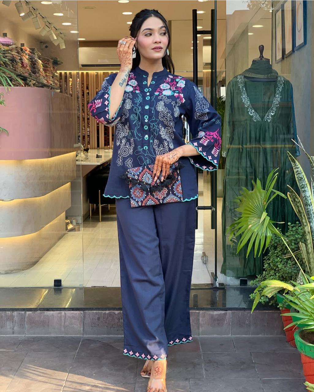 Women's Cotton Embroidery Straight Kurti With Pant Set