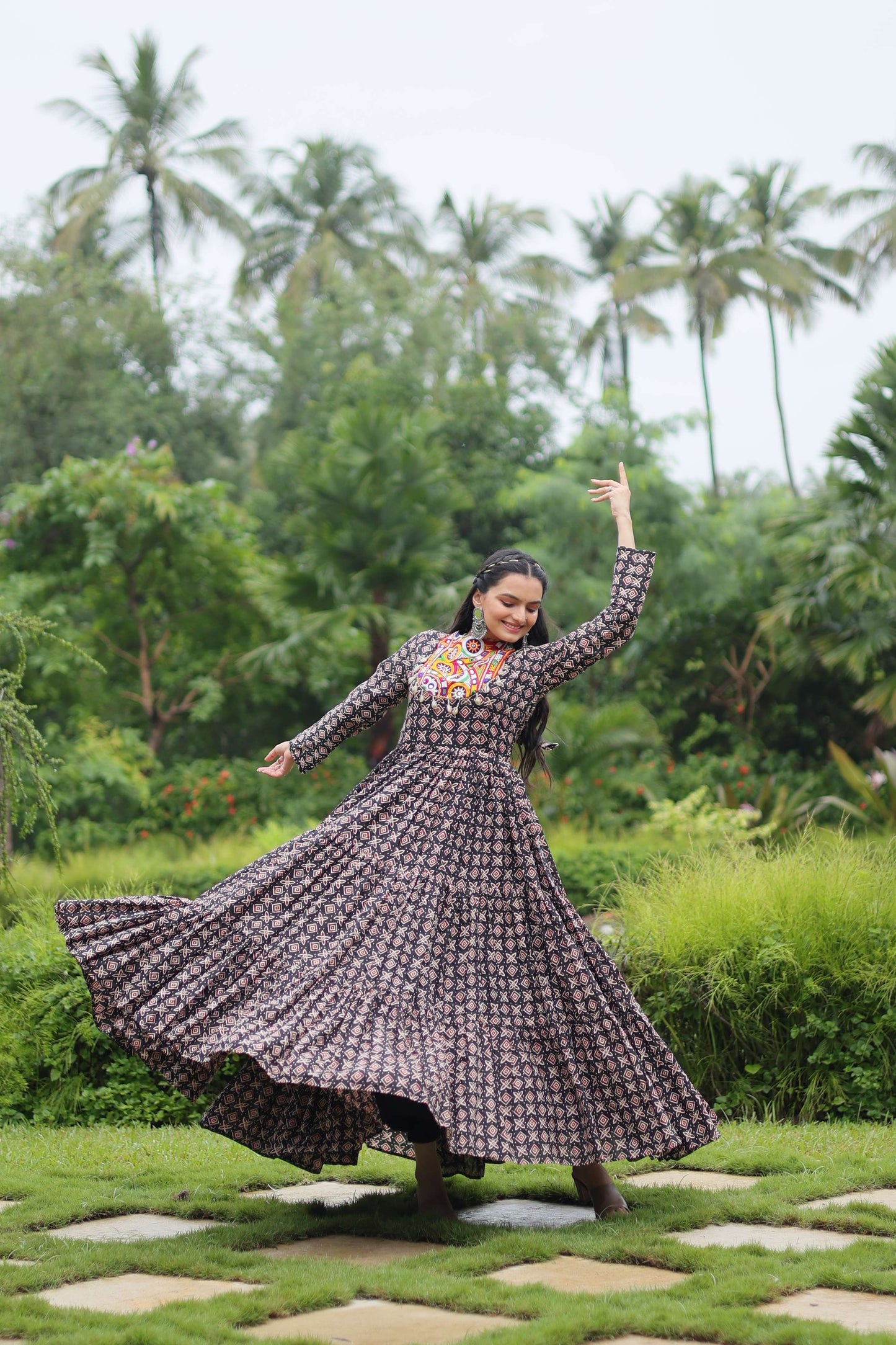 Black Designer Printed Cotton Gown with Kutchi Gamthi Lace & Kodi Work  Maroon