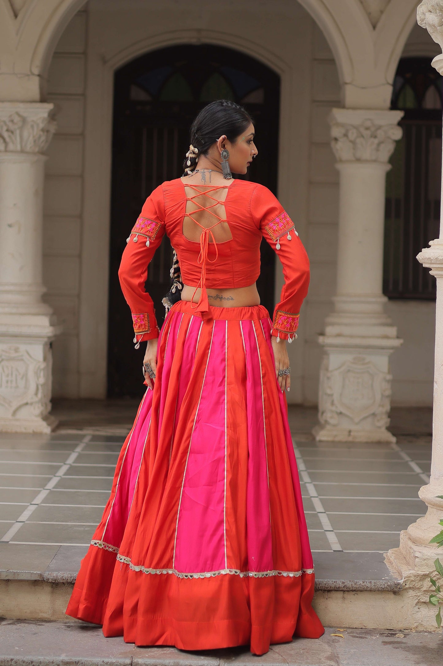 Roman Fabric Mirror-Embellished Navratri Lehenga Choli Set