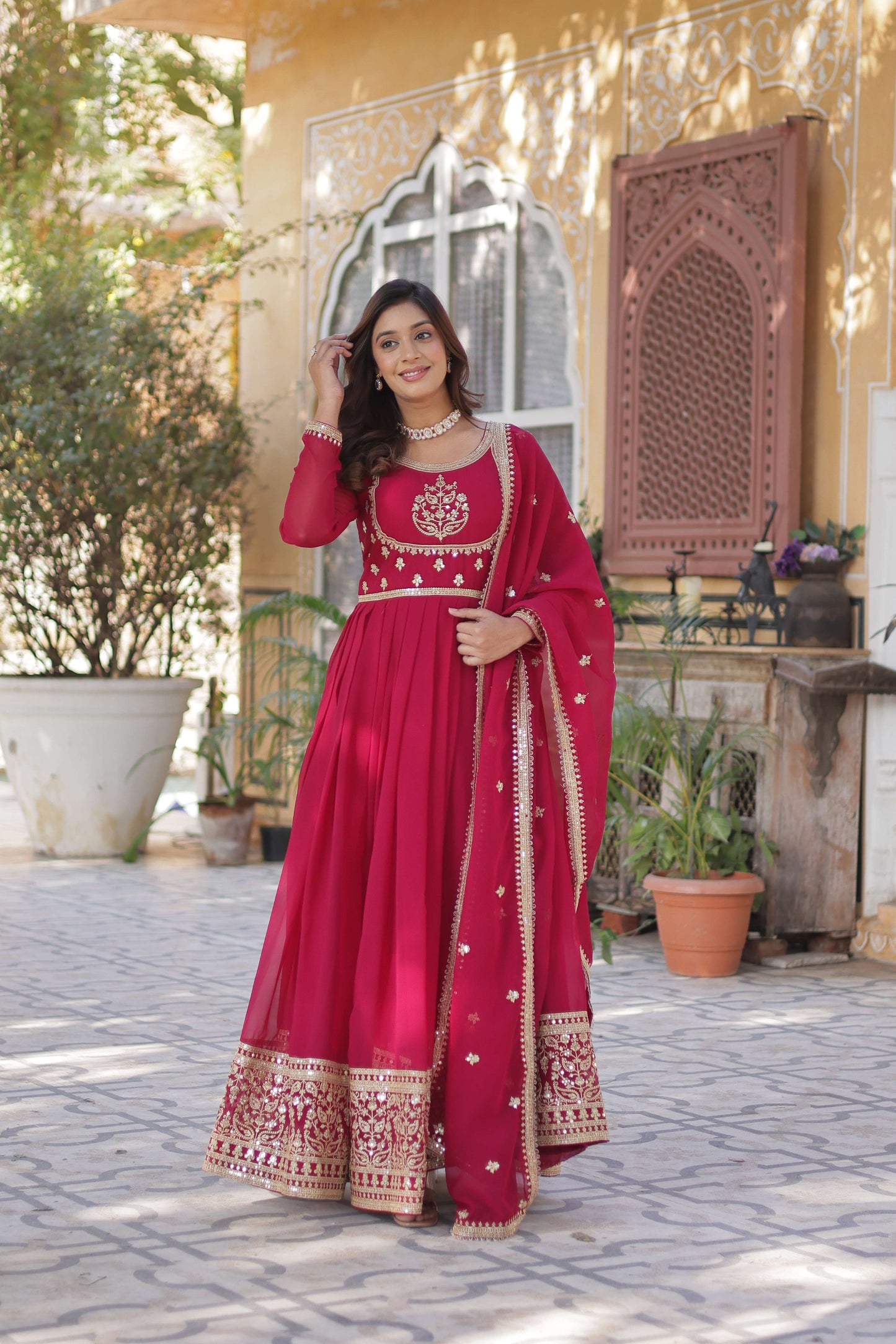 Pink Faux Blooming Georgette Sequins Embroidered Gown with Matching Dupatta