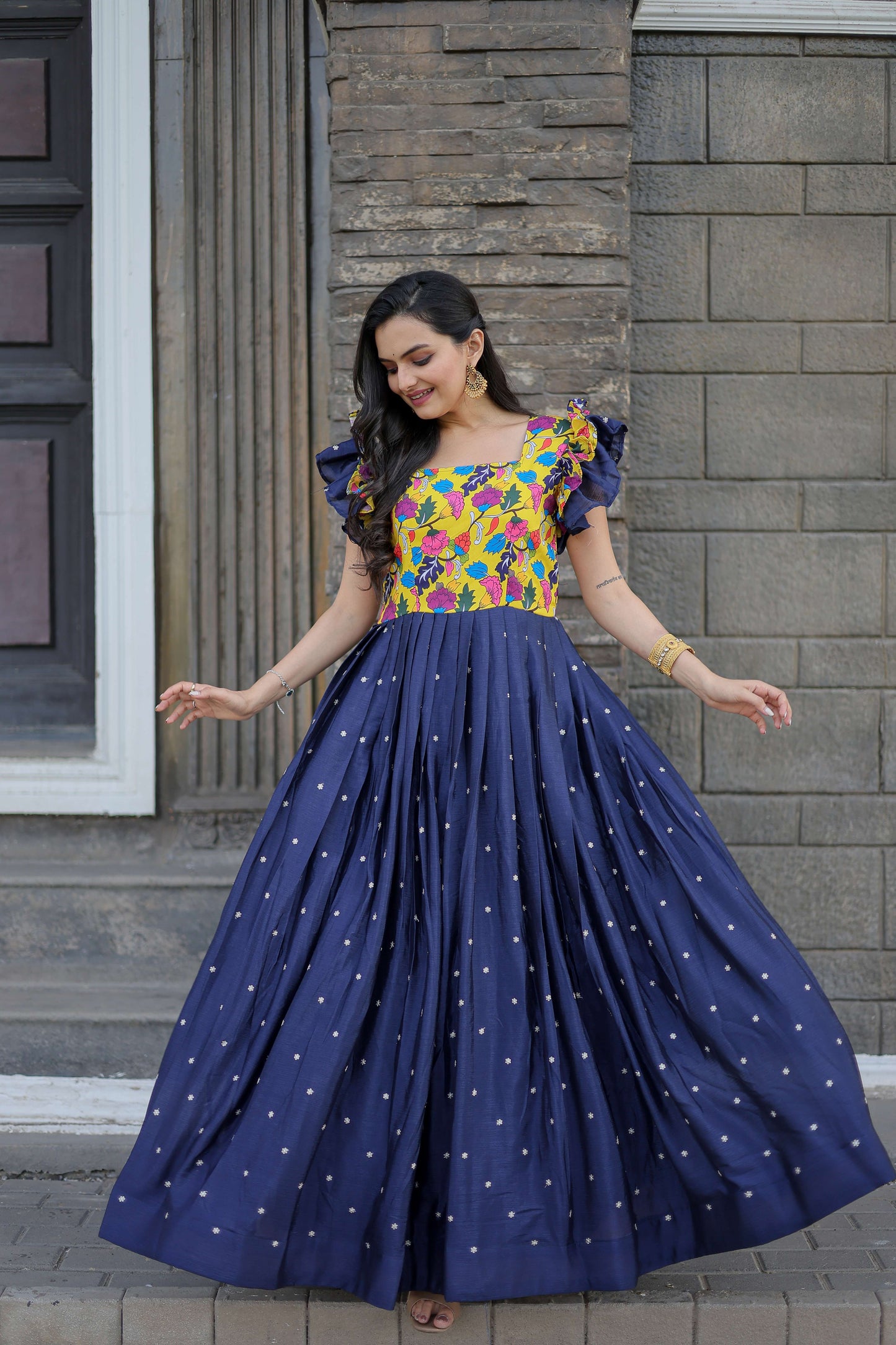 Blue Maslin & Chinon Designer Gown with Embroidery  Elegant Ready-to-Wear Womens Dress