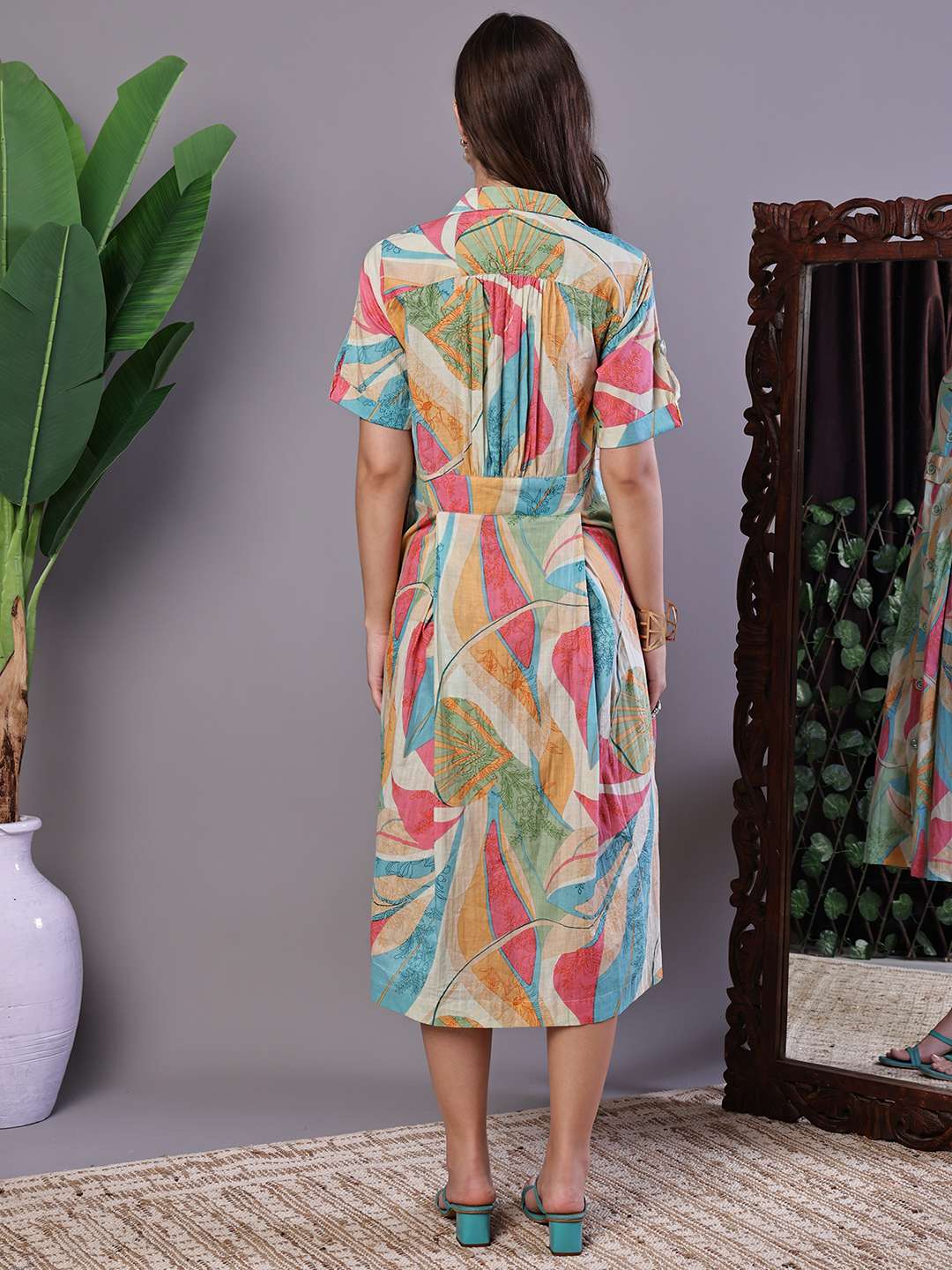 Women's Pastel Abstract Print Button-Down Cotton Midi Dress